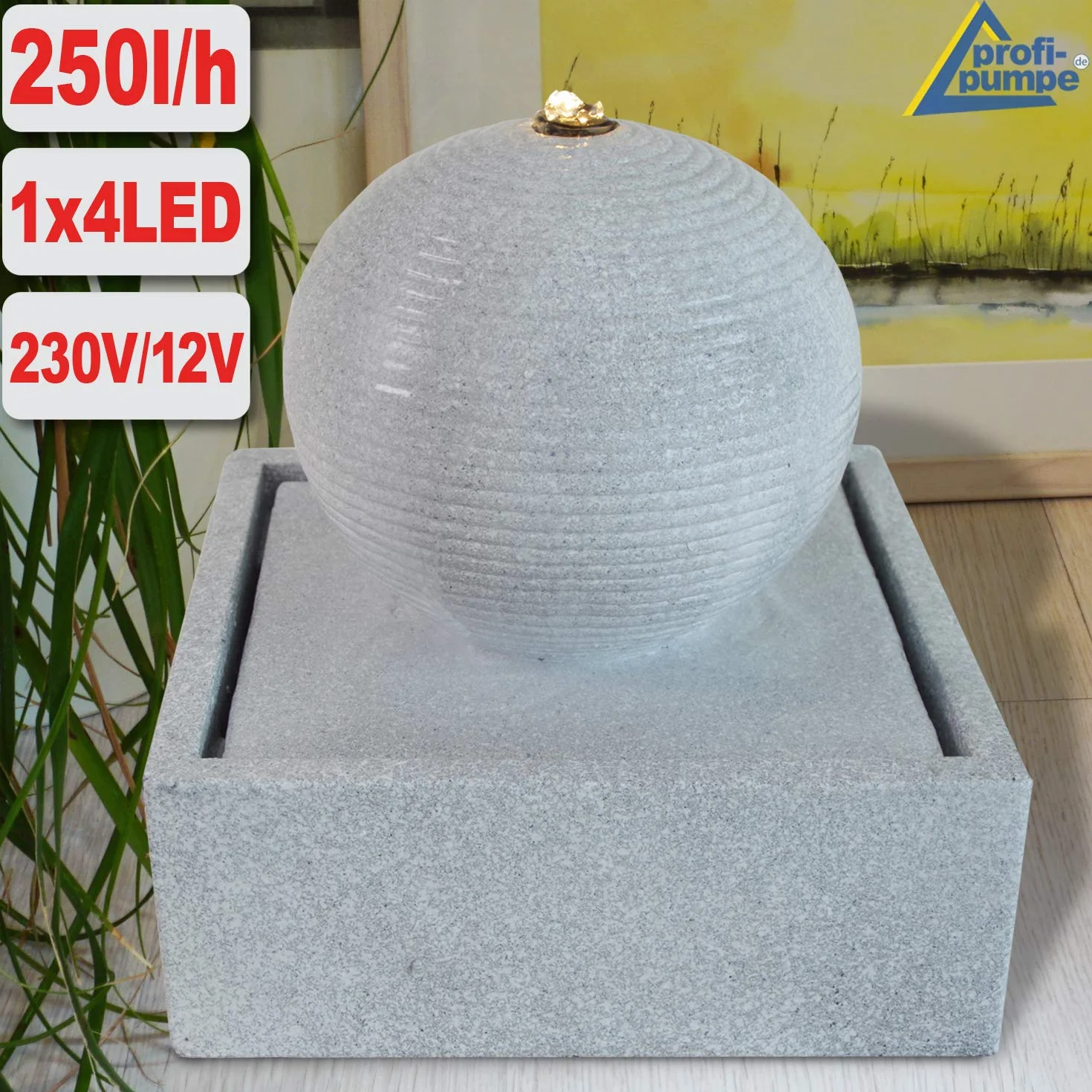 Fuente de Jardin Fuente de Agua esferica 230 V Fuente Decorativa para Jardin, terraza, Balcon con luz LED, Gris Claro