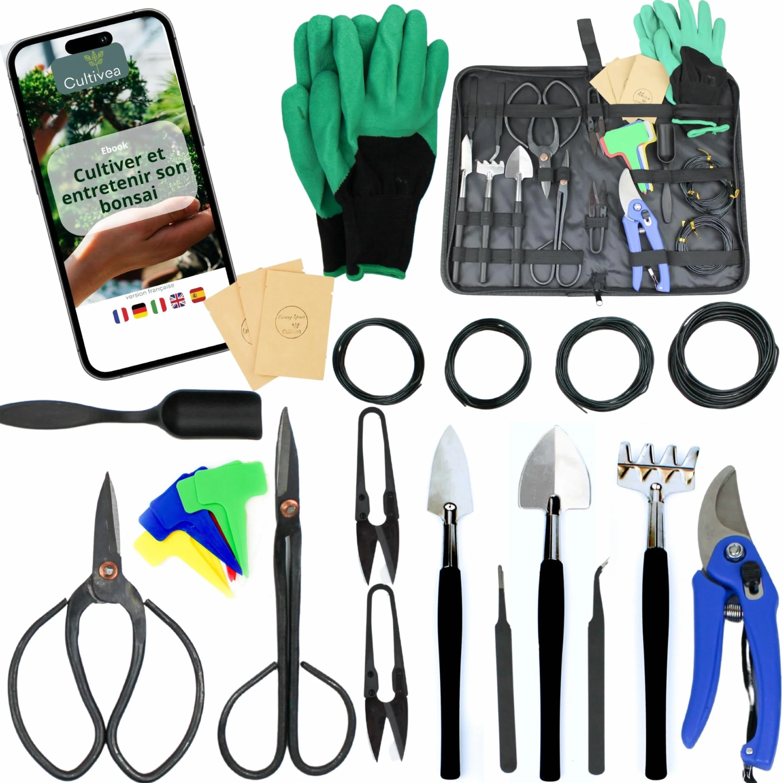 Cultivea® Juego de 32 Herramientas Completas para bonsái - Herramientas de Acero - Jardín - Tijeras para bonsái y Cuidado de Plantas - Tijeras - Alicates - Poda de bonsái - Alambre de Aluminio