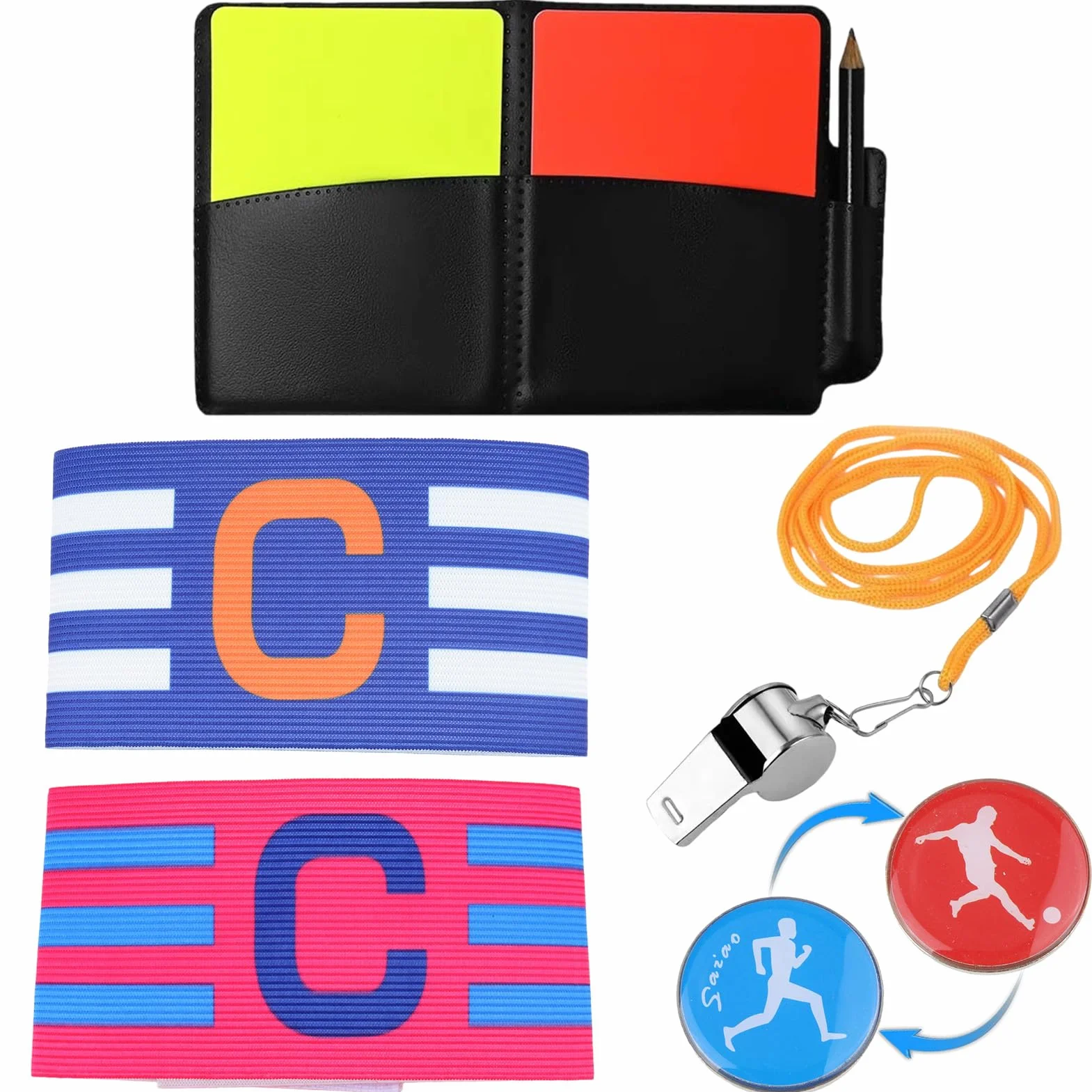 Tarjetas Árbitro de Fútbol PVC Rojas y Amarillas con Silbato, Libro de Puntos, Brazaletes de Capitán
