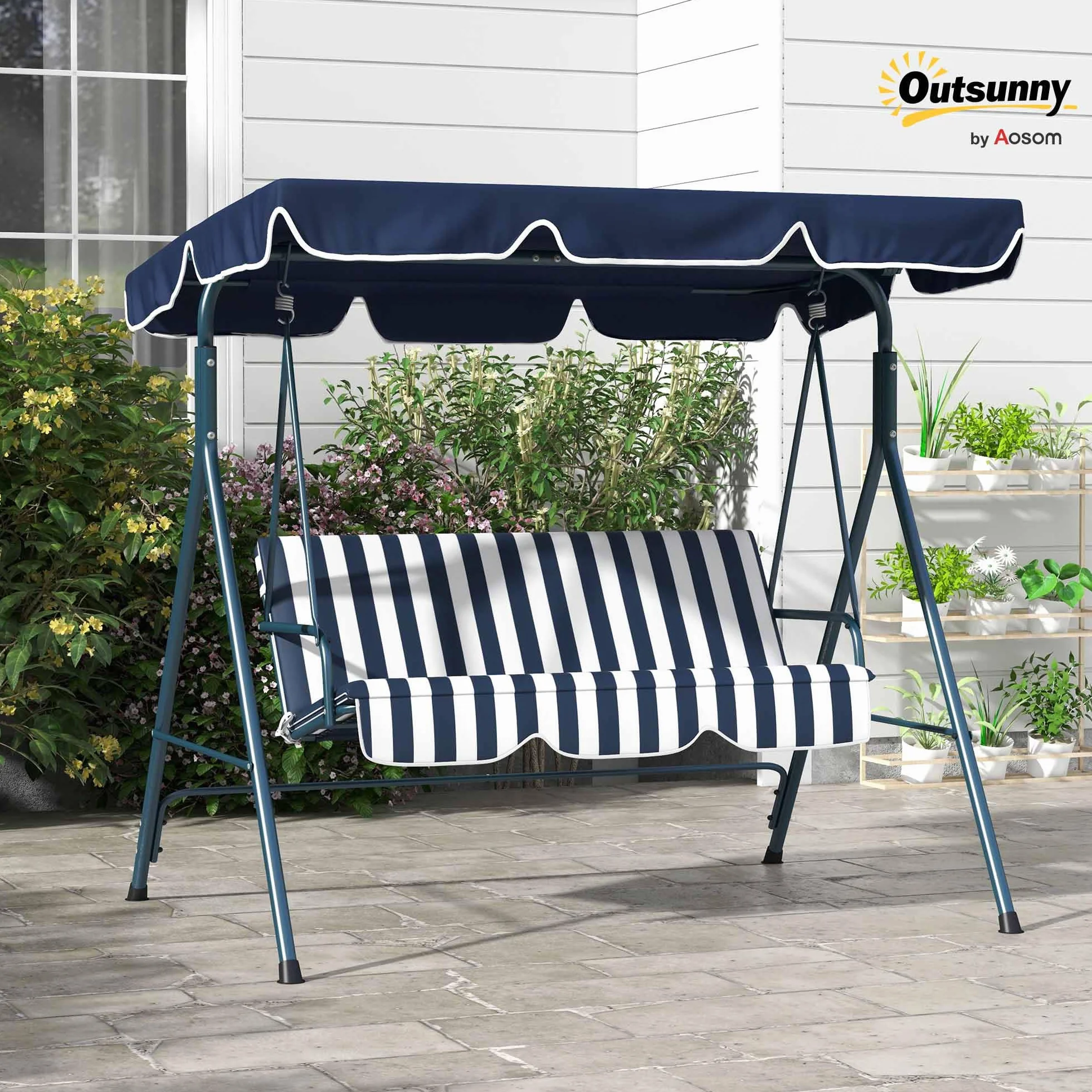 Outsunny Columpio de Jardín Exterior de 3 Plazas, Balancín de Jardín Exterior con Techo Ajustable y Marco de Acero, para Balcón, Terraza, Patio, Carga 240 kg, 172x110x153 cm, Raya Azul