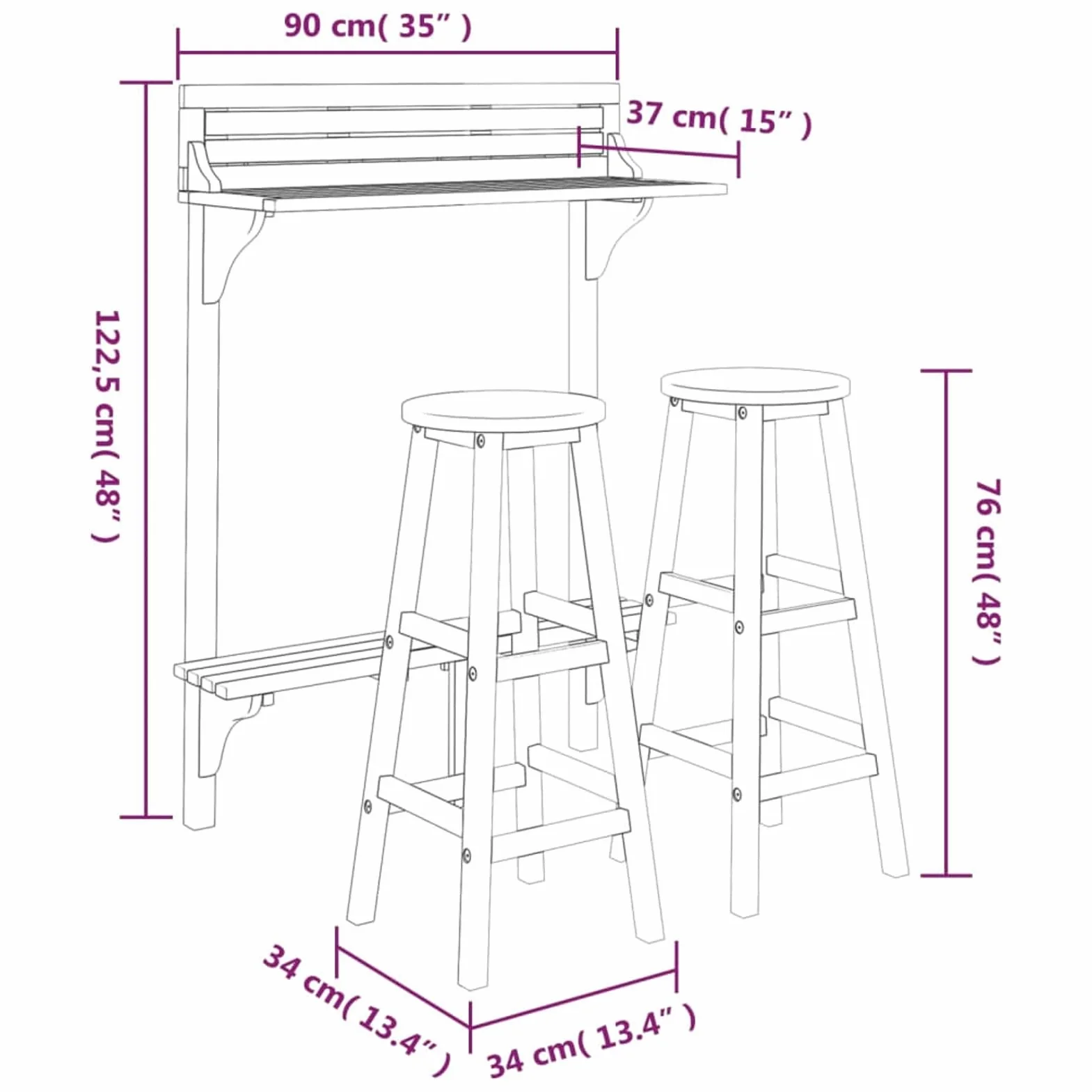 Tidyard Set de Bar para Jardín 3 Piezas Mesa Silla Asiento Patio Terraza Barra Bistró Muebles de Bar Butaca Taburete Alto Pub Bistró Comedor Patio Desayuno Madera Maciza de Acacia 6#