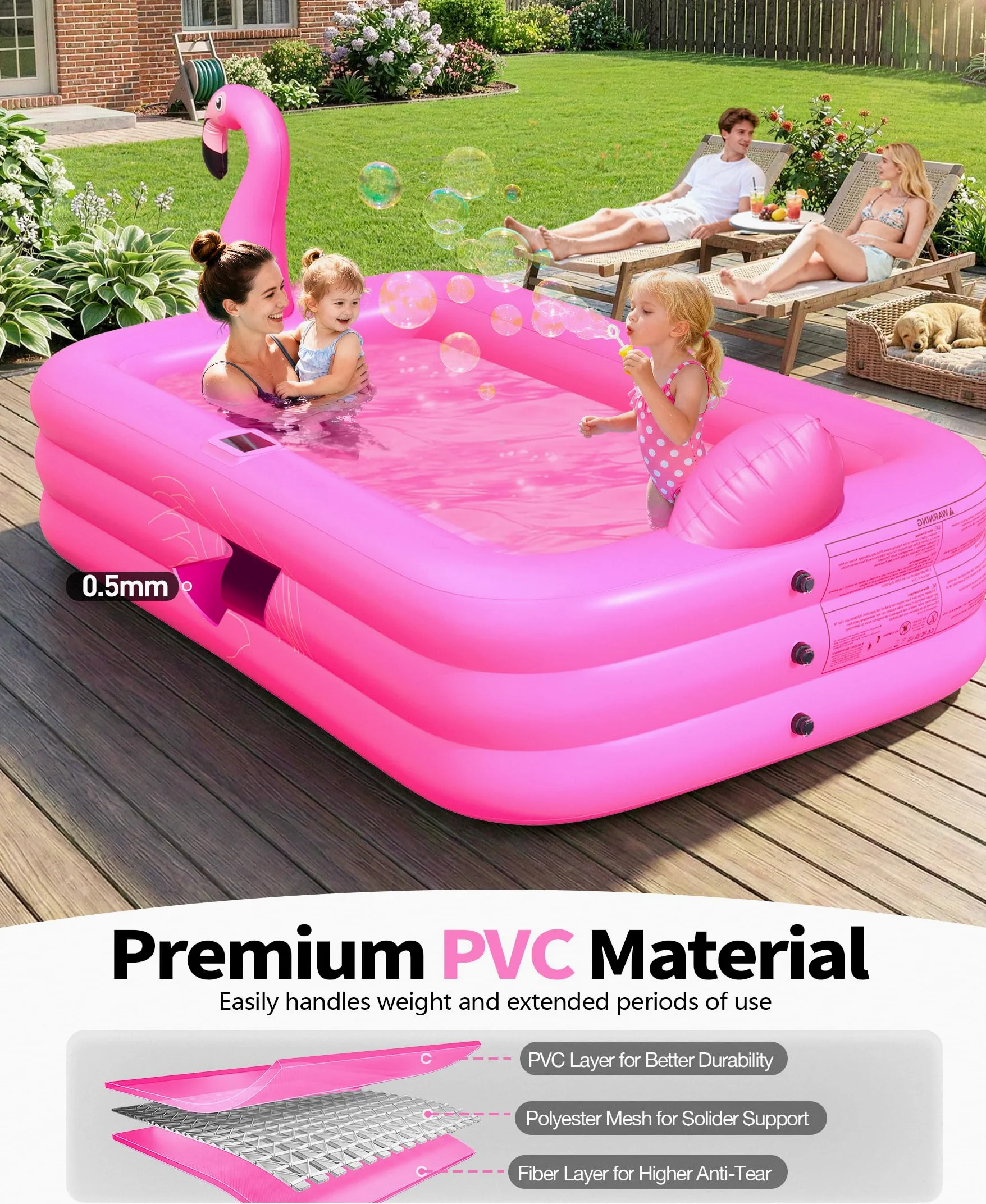 PoolLeader Flamenco Piscina Hinchable Rectangular 254x160x50cm con Luces Solar PVC Grueso