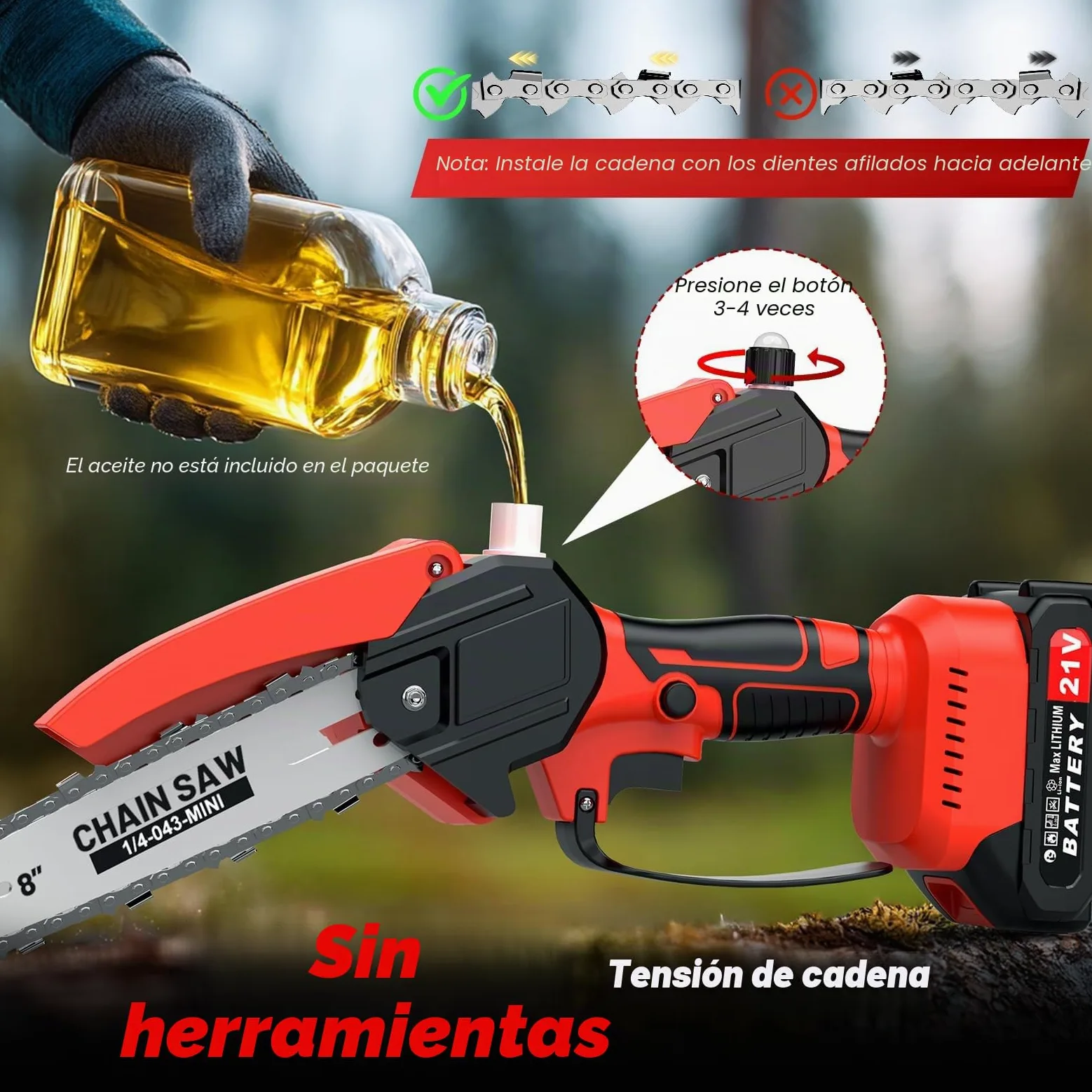 Motosierra Batería Sin Cable, 2 en 1 Mini Motosierra y Podadora de Pértiga, con 2 Baterías de 1500mAh, Sierra de Poda Telescópica Eléctrica, Guantes para Podar Arboles Patio de Jardín árboles, Rojo