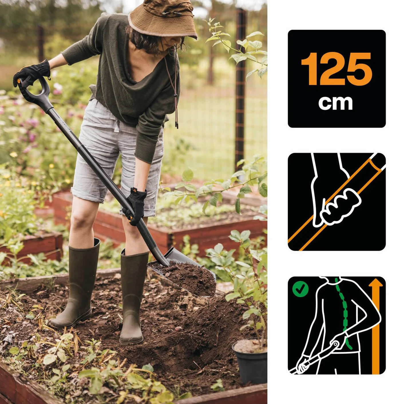 Fiskars Pala de jardín, Puntiaguda, Pala para terrenos duros y pedregosos, Longitud: 125 cm, Acero al boro de calidad, Gris/negro, Ergonomic, 1070639
