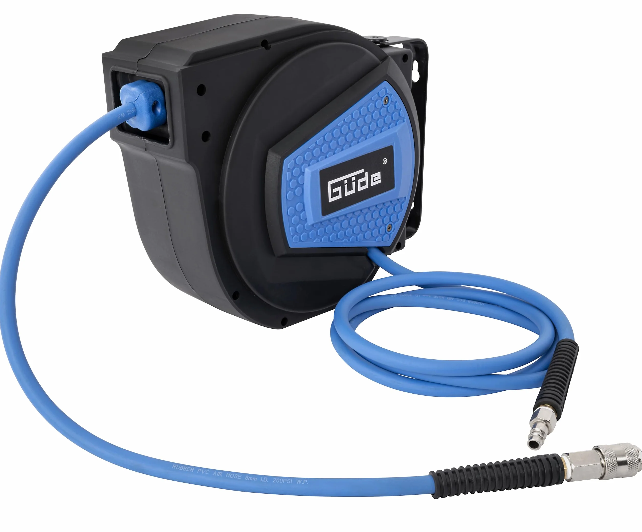 Güde Carrete de manguera automático de 10 m (presión de trabajo 12 bar, giratorio 180°, manguera de aire comprimido altamente flexible resistente al aceite y a la temperatura, rosca de conexión de