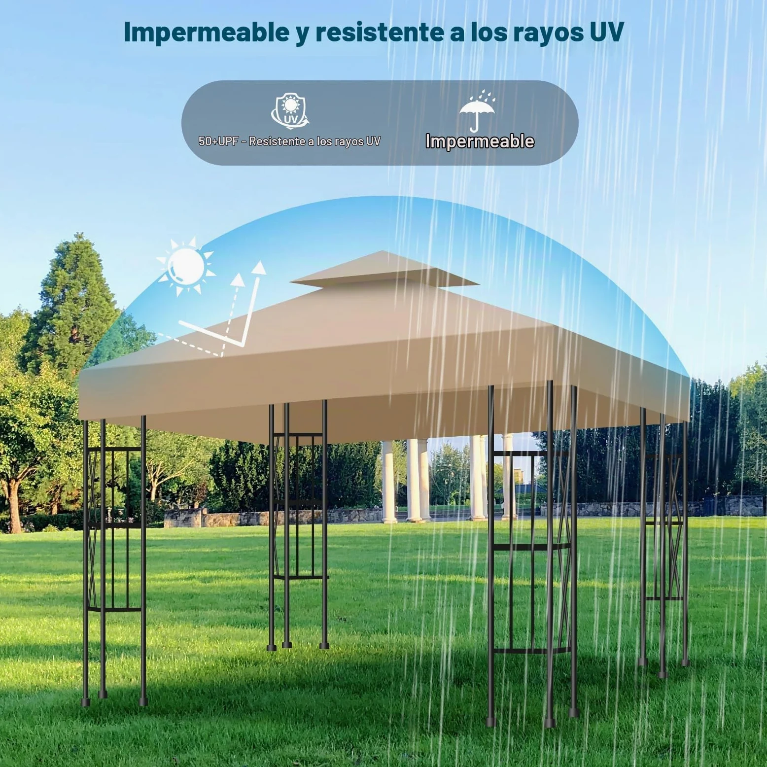 Toldo Recambio Pergola 3x3 m, Techo de Repuesto con Ventilación para Cenador de Jardín, Cubierta Amovible Lona Impermeable con Protección UV para Barbacoa, Bodas, Fiestas y Camping(Caqui)