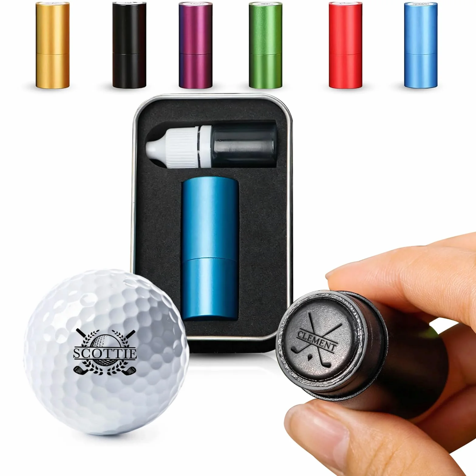 Sello de pelota de golf personalizado con estuche de almacenamiento de metal, marca reutilizable
