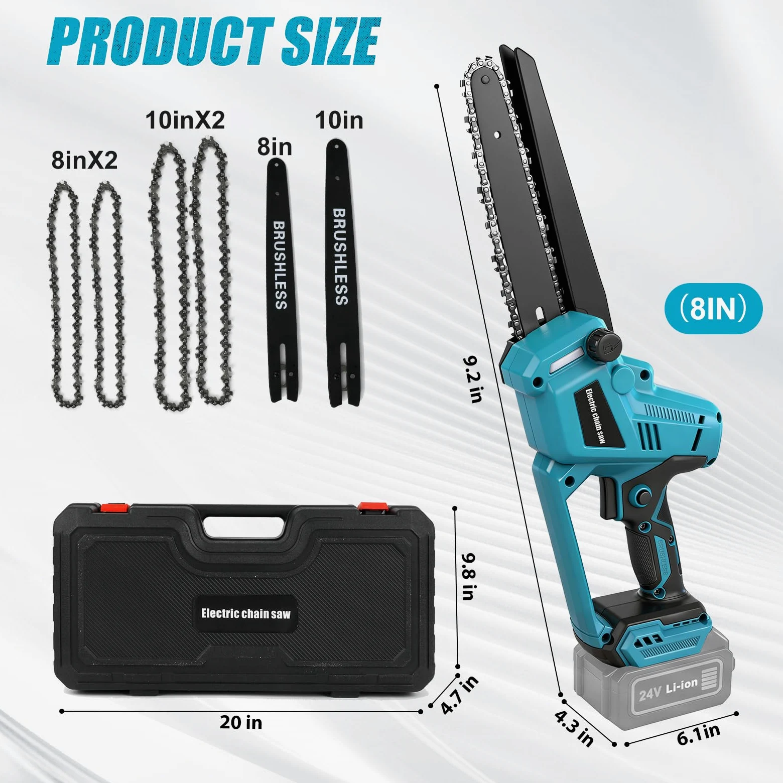 Motosierra Inalámbrica 8 y 10 Pulgadas para Makita 18V (sin Batería) | Mini Motosierra sin Escobillas, Lubricación Automática de Cadena, 2 Placas, 4 Cadenas, Guantes, Gafas y Maletín