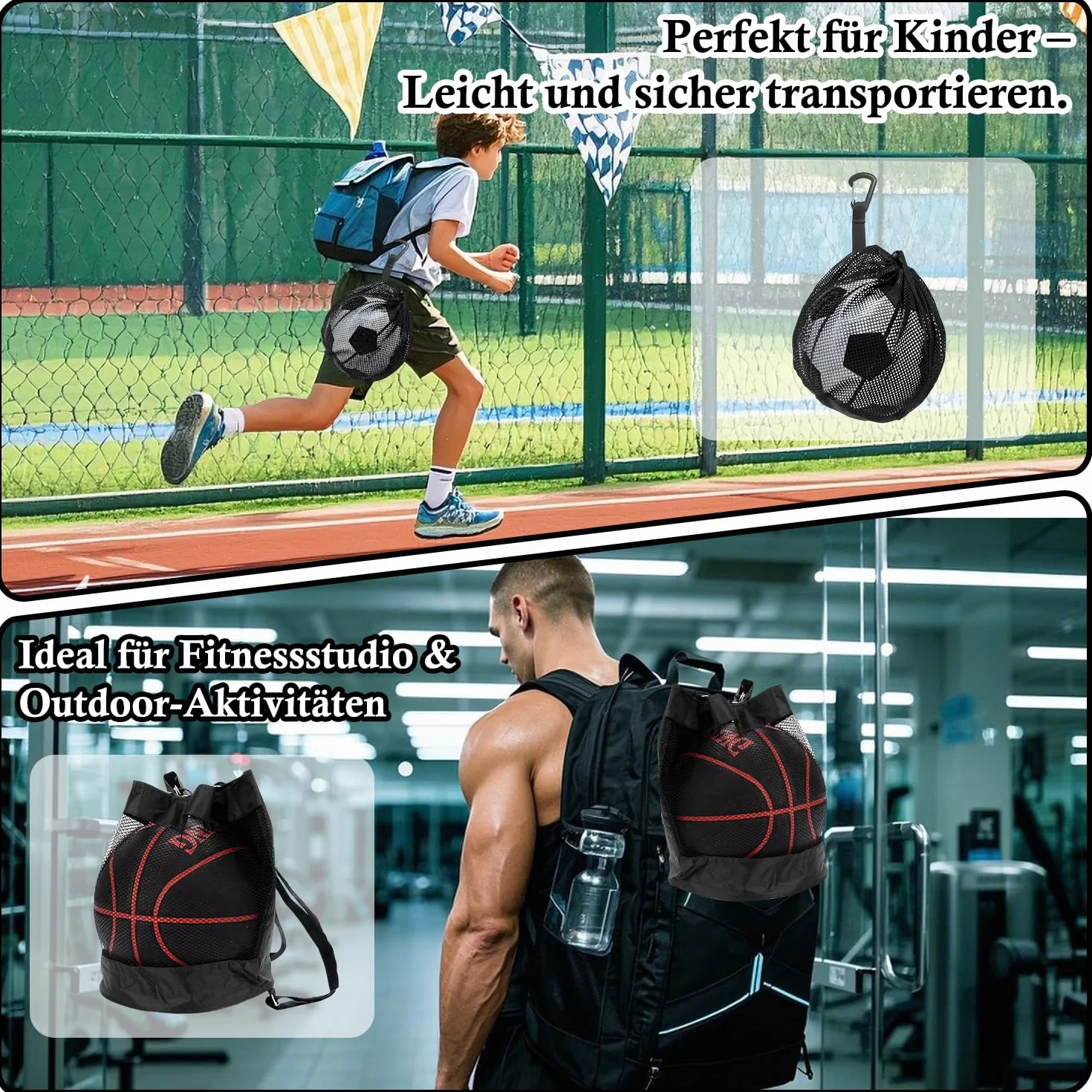 Mochila de Malla de Baloncesto 2 en 1 con Bolsa de Fútbol - Impermeable Tela Oxford Negro
