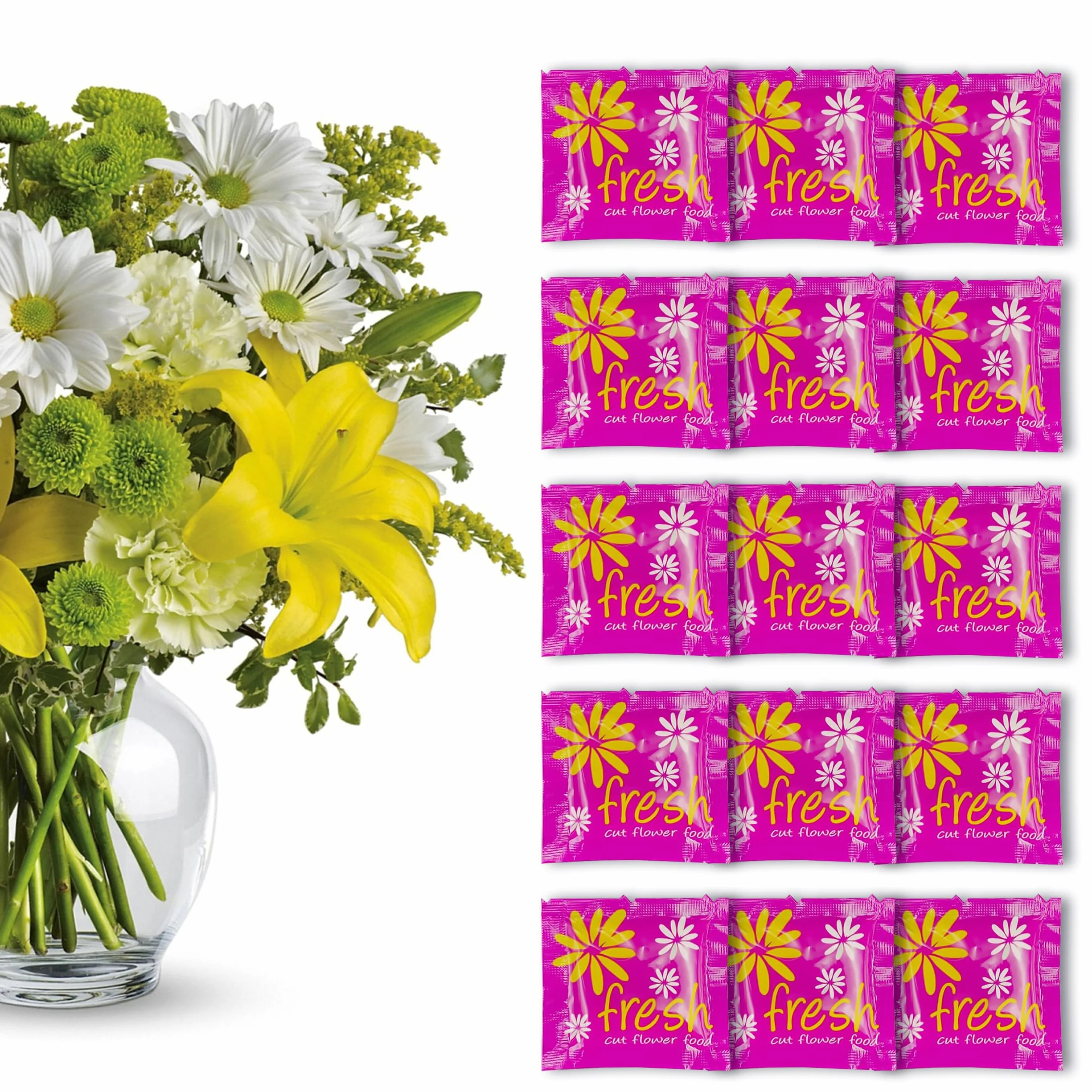 Pack de 15 Sobrecitos de Conservante Para Flor Cortada, Comida Para Flores Frescas Cortadas, 15 Paquetes de Conservante Total, 7.5L de Conservante Líquido
