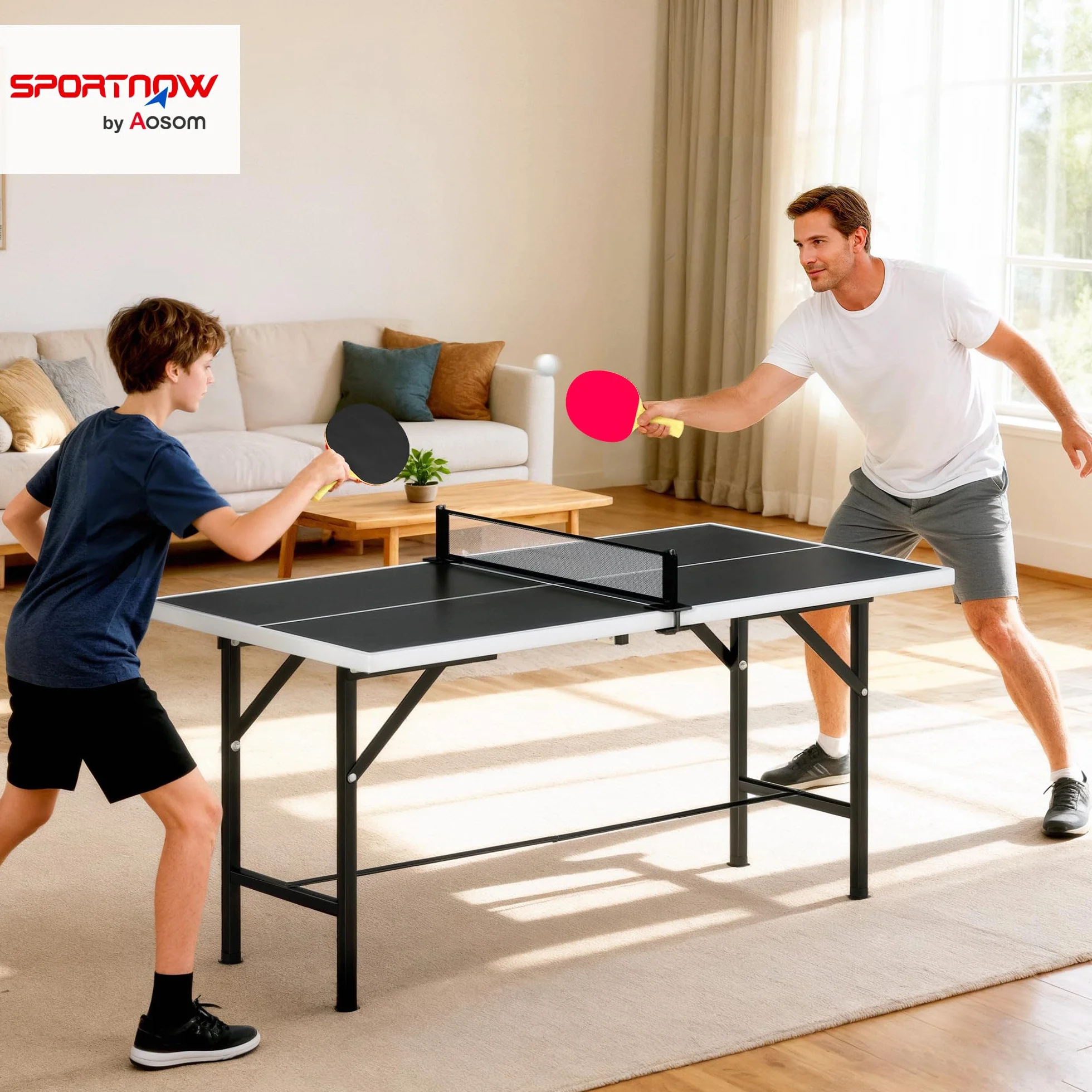 SPORTNOW Mini Mesa de Ping Pong Plegable 152x76x70 cm, Exterior con Red, 2 Raquetas y 3 Pelotas, Negro