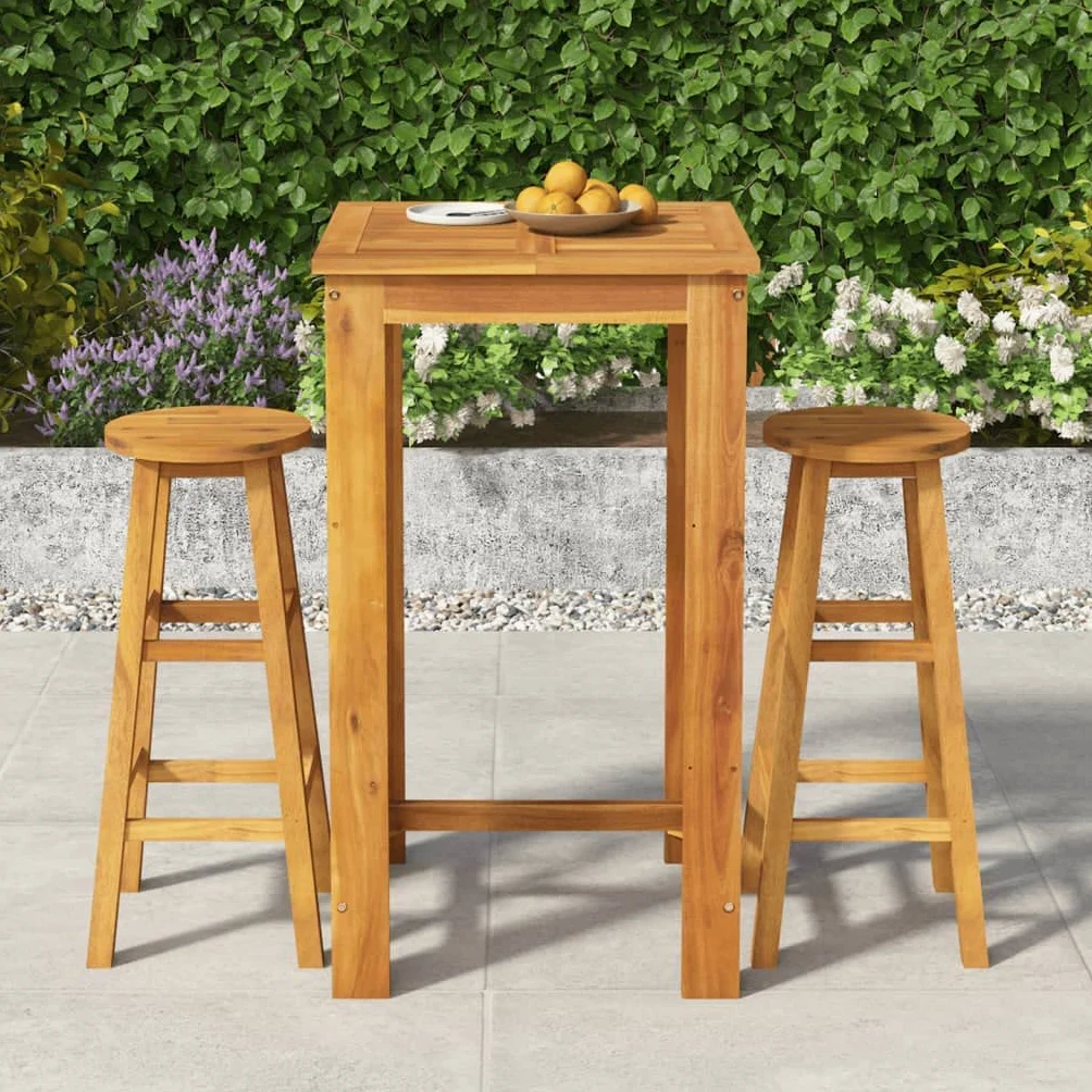 vidaXL Mesa y Taburetes Altos de Jardín 3 pzas, Juego de Muebles de Bar, Mesa Sillas Altas, Mesita Asientos Exterior, Madera Maciza Acacia