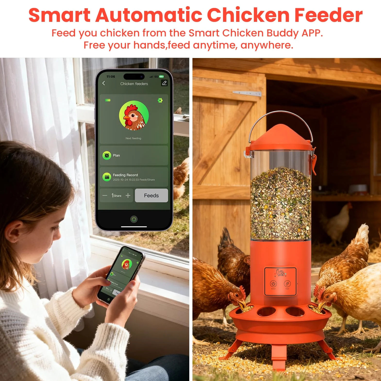 Alimentador automático de pollo, accesorios inteligentes para gallineros, alimentación inteligente de pollos con control remoto sin residuos, horario de alimentación preestablecido, 9 puertos de