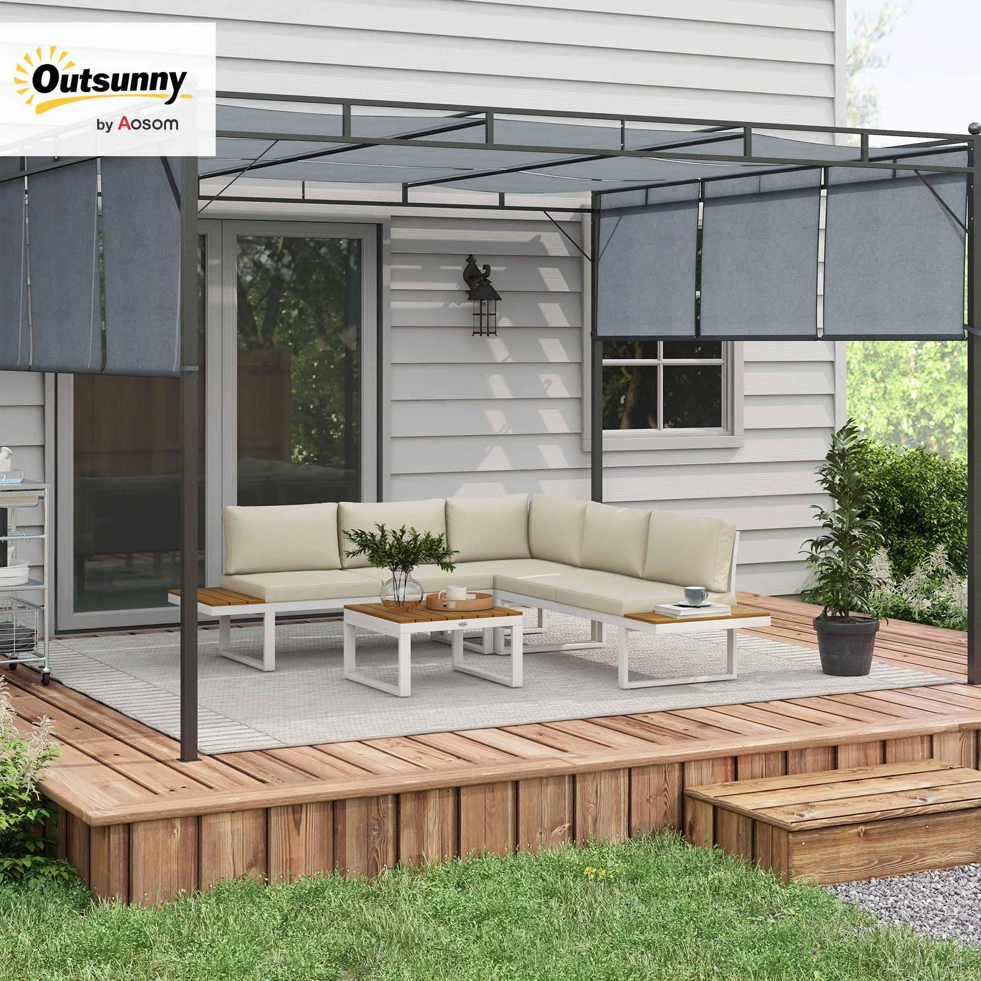 Outsunny Conjunto de Muebles de Jardín Exterior 4 Piezas Juego de Muebles de Terraza Incluye 2 Sofás Dobles 1 Sofá Esquinero Reclinable y Mesa de Centro Mesita Lateral con Cojines para Patio Crema