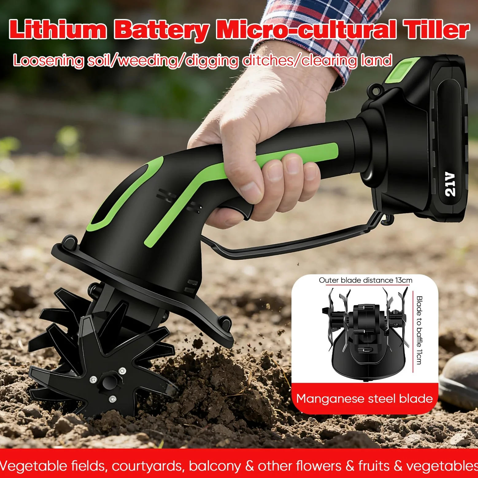Motoazada Electrica, Mini Motoazada Portátil Varilla de extensión Desmontable de 1,3m,Ancho de Labranza 10cm, Profundidad de Labranza 10 cm Baterías 3000 mAh para Jardines y Huertos (2 Baterías)