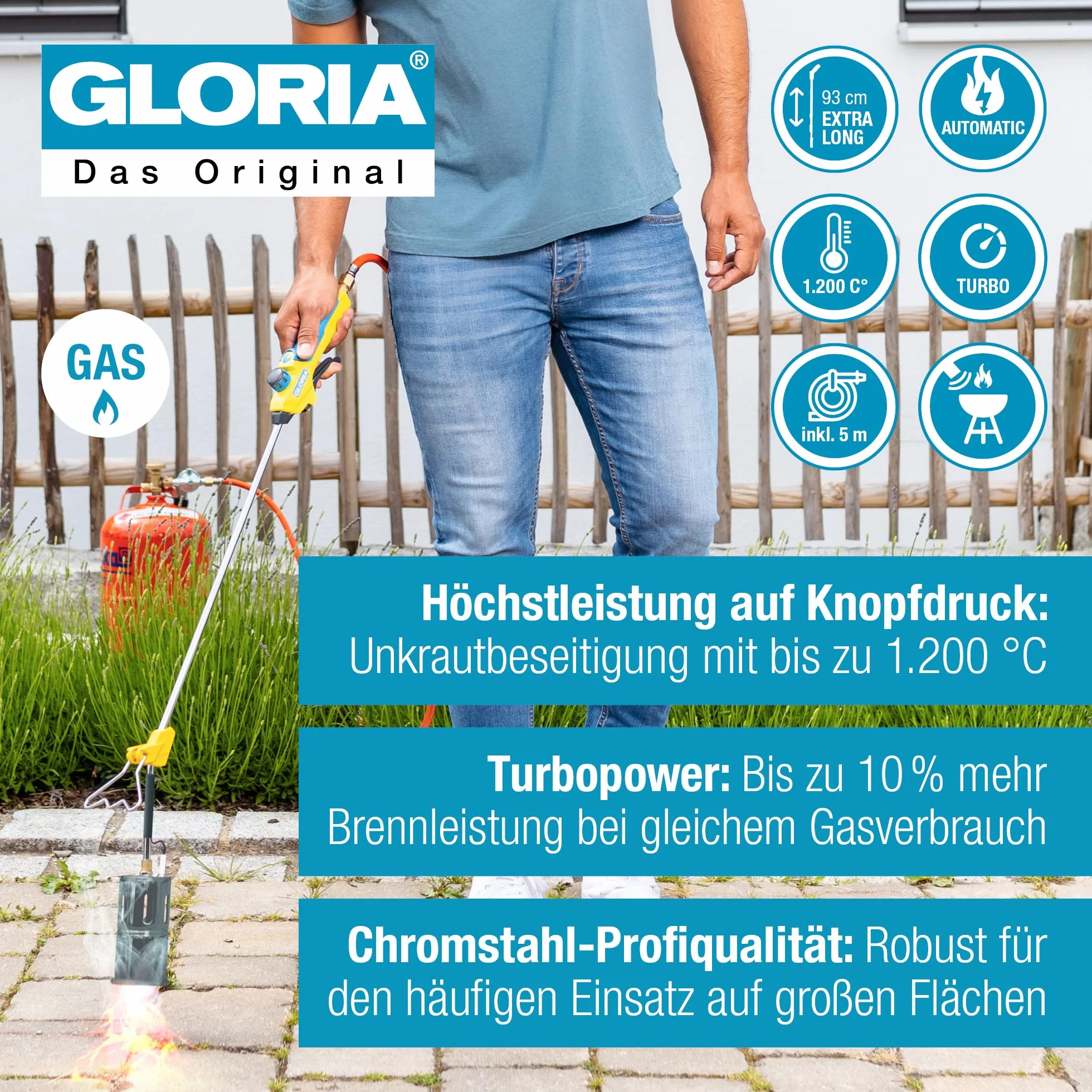 Gloria Flameador de gas Thermoflamm Bio Professional E+ Turbo Set – Potente para grandes superficies | Conexión de botella de gas comprimido | Quemador de malas hierbas/herbicidas | Incluye reductor
