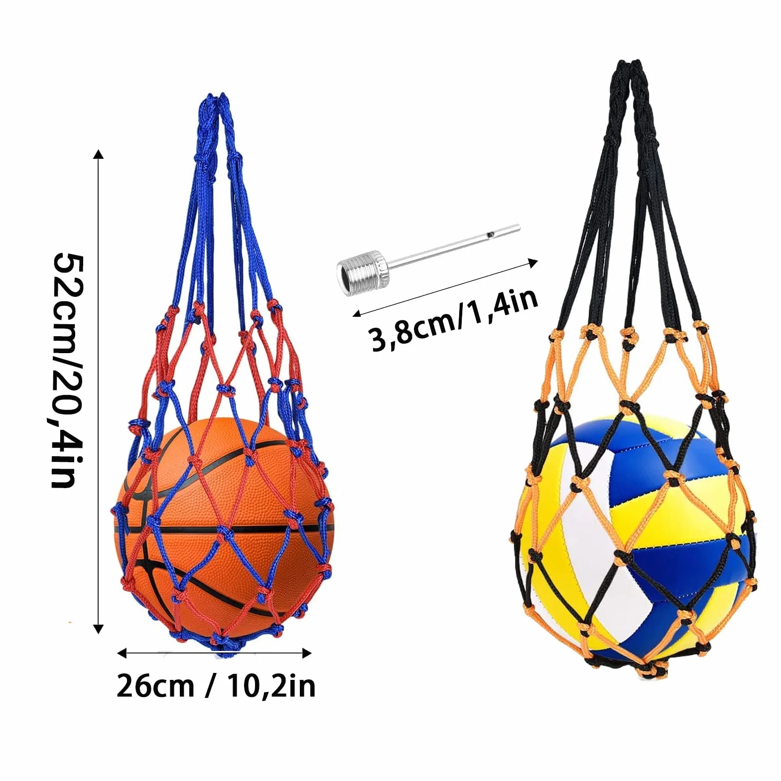 Red portátil para pelotas, juego de 2 bolsas de red de baloncesto, fútbol, tenis, con agujas (azul, blanco+negro, rojo)