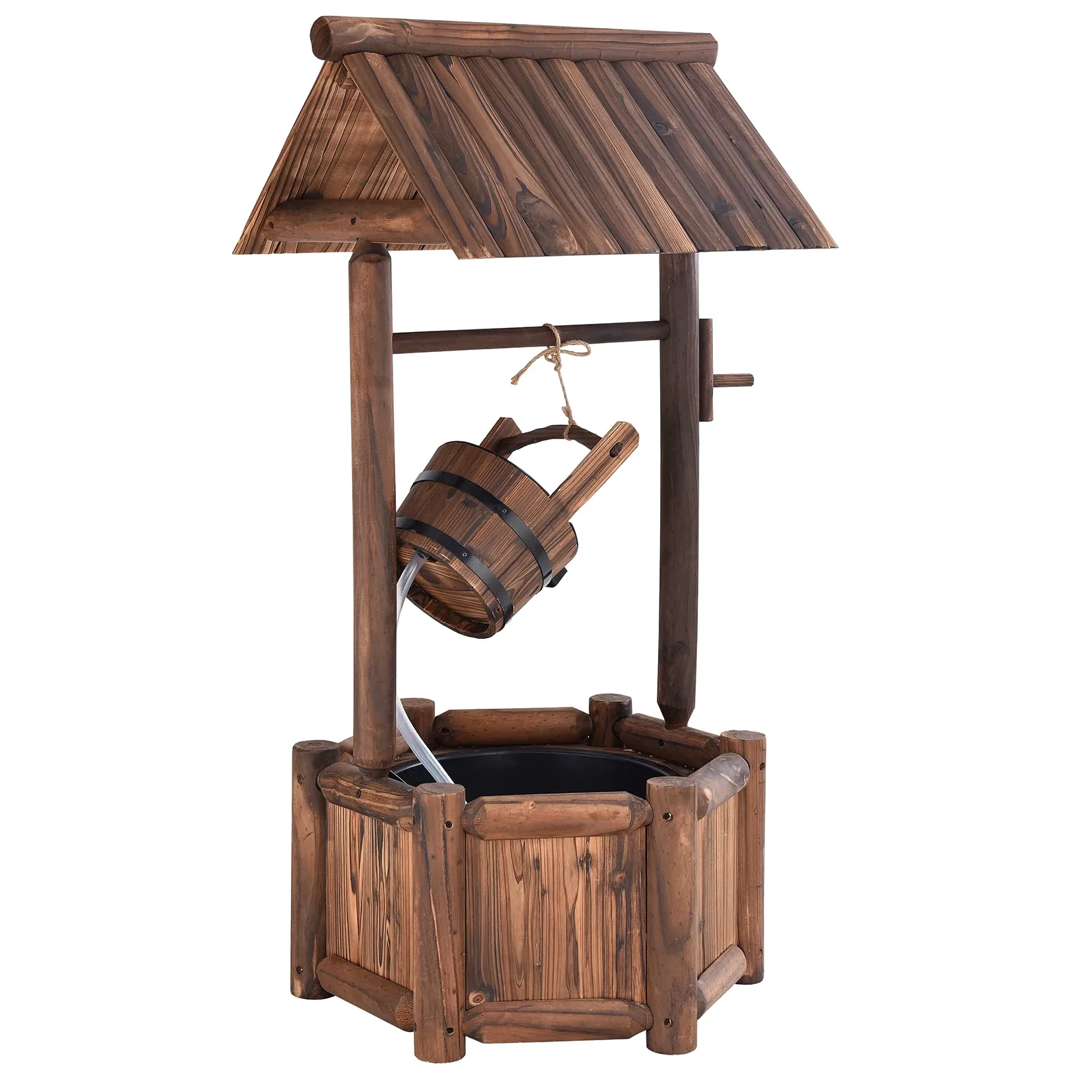 GOPLUS Fuente Jardín Exterior Madera Abeto, Pozo Decorativo Deseos, Bomba Eléctrica, 58,5×56×117cm, Marrón Rústico