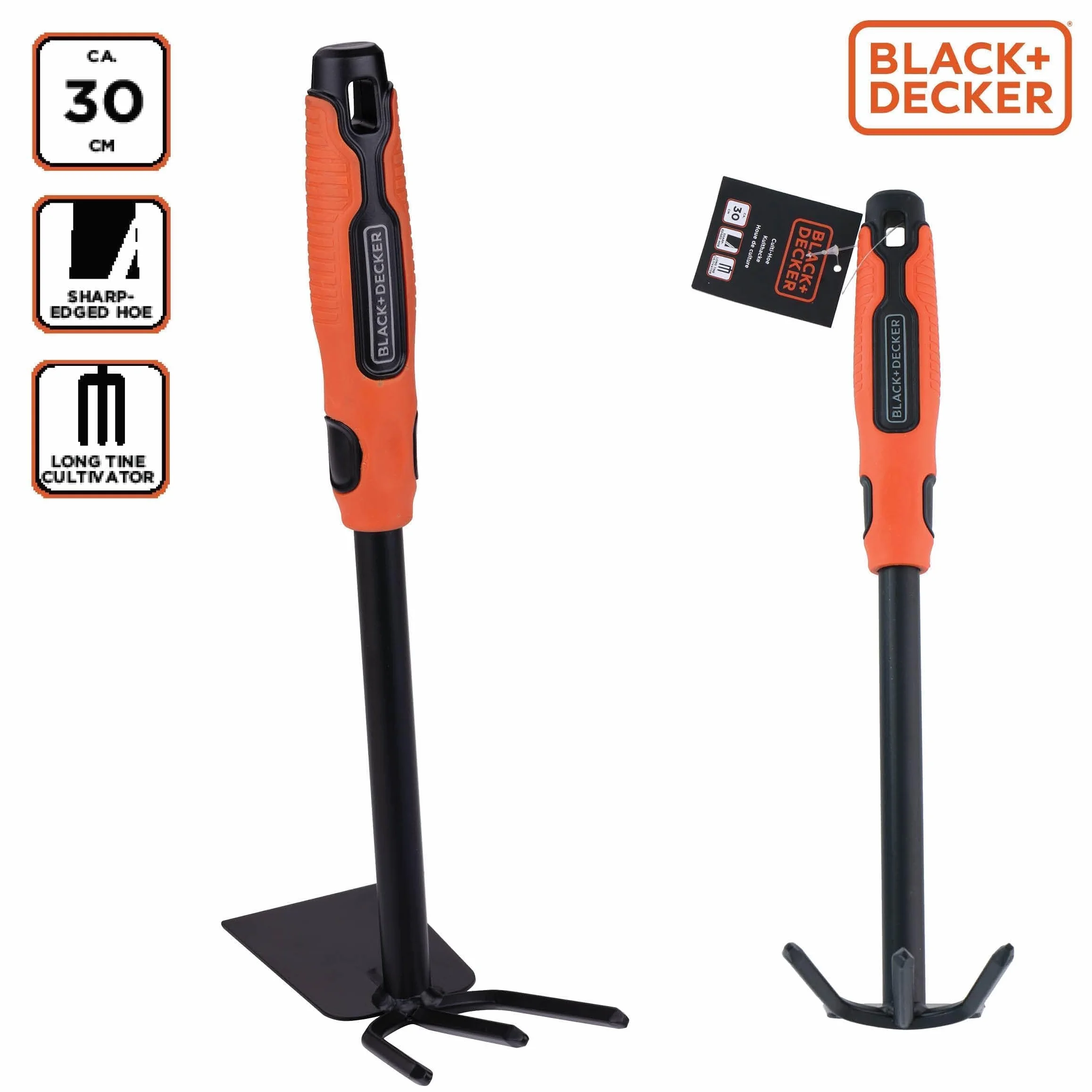 Black+Decker Doble azada – 3 Dientes y talón – 30 cm – Mango ergonómico – Negro/Naranja