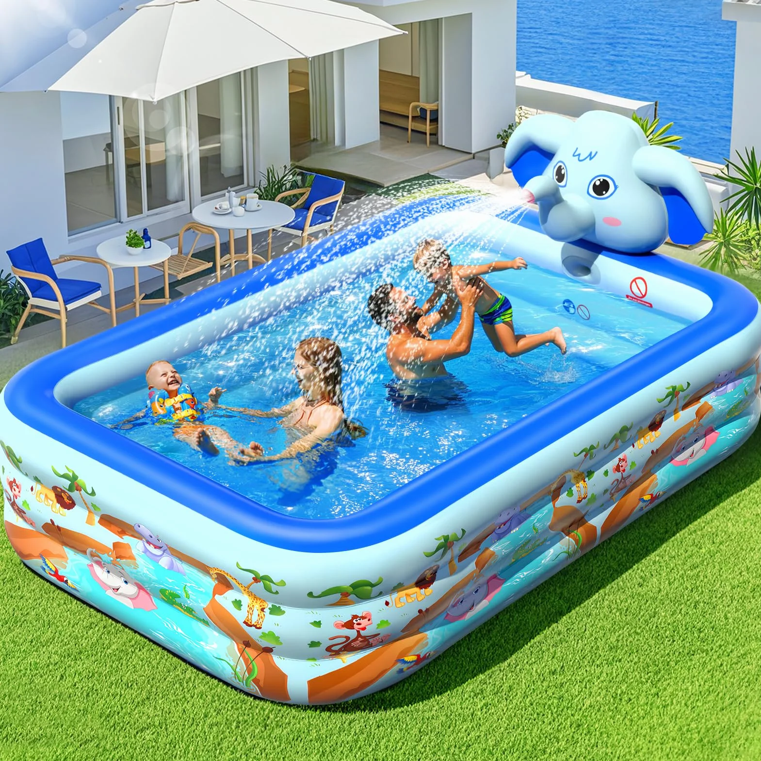 LanBlu Piscina Hinchable Adultos con Aspersor, Elefante Piscinas Hinchables Rectangular, Piscinas Hinchables Grandes de 0.6mm de Grosor, 252×183×56CM Piscina Hinchable Infantil para Terraza Jardín