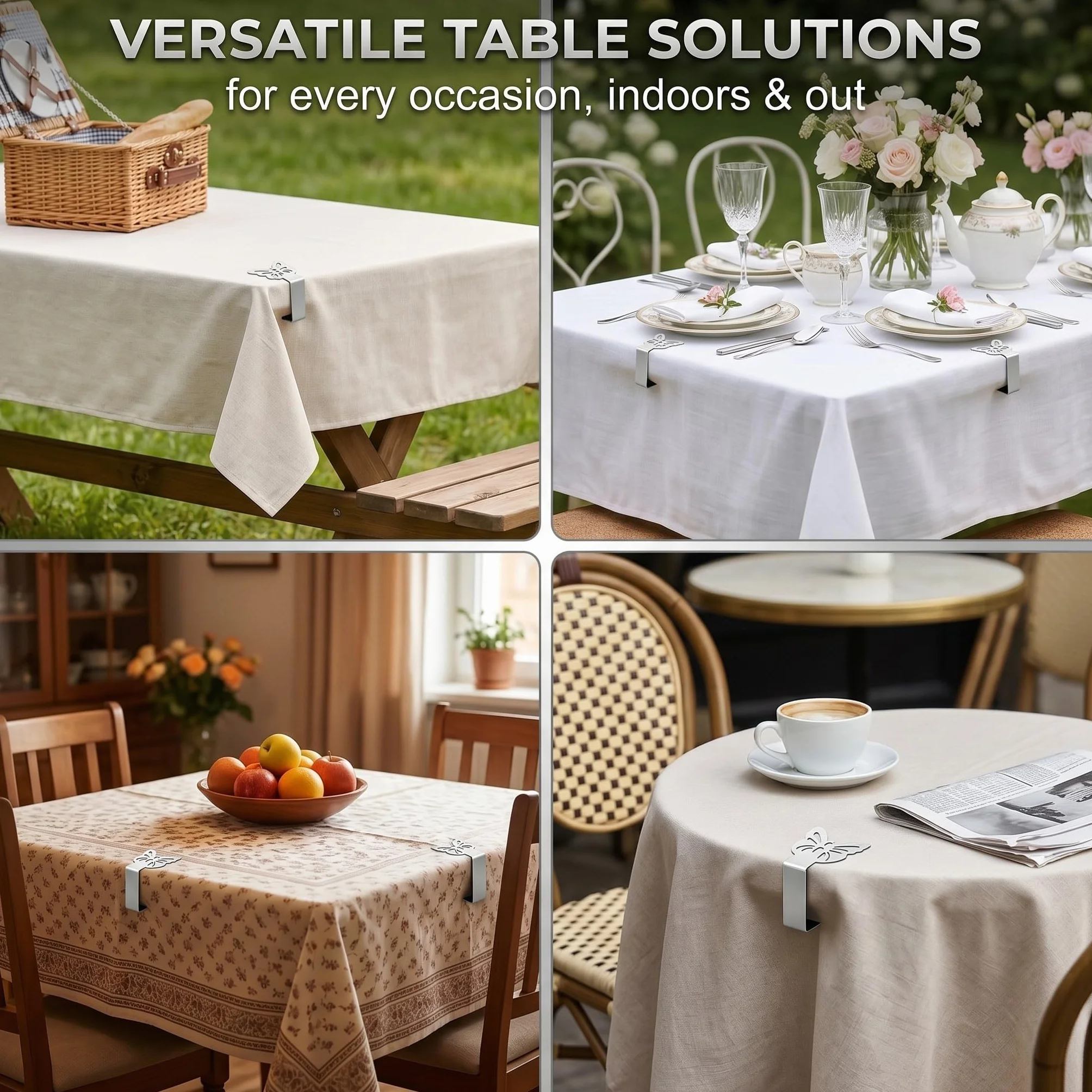 10 Pinzas Sujeta Manteles de Mesa en Acero Inoxidable, Clips para Manteles con Diseño de Mariposa, Sujeta Manteles Exterior e Interior Ideal para Jardín, Picnic, Bodas y Fiestas