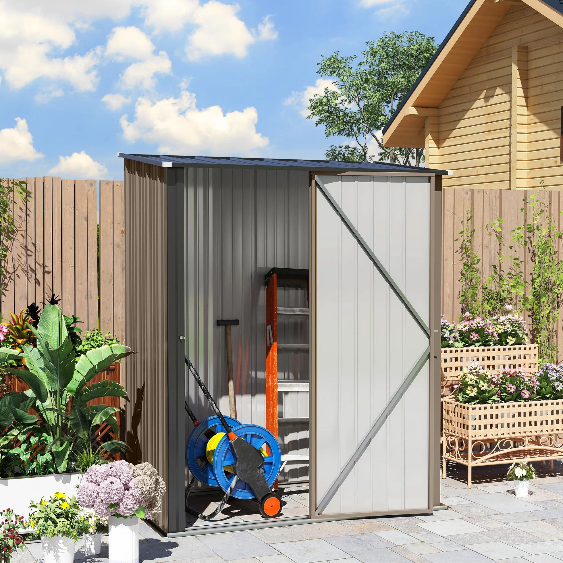 Outsunny Cobertizo de Jardín Exterior 1,34 m² 161,5x94,5x196 cm Caseta de Jardín Exterior Metálica con 1 Puerta y Cerradura para Almacenamiento de Herramientas para Patio Terraza Marrón