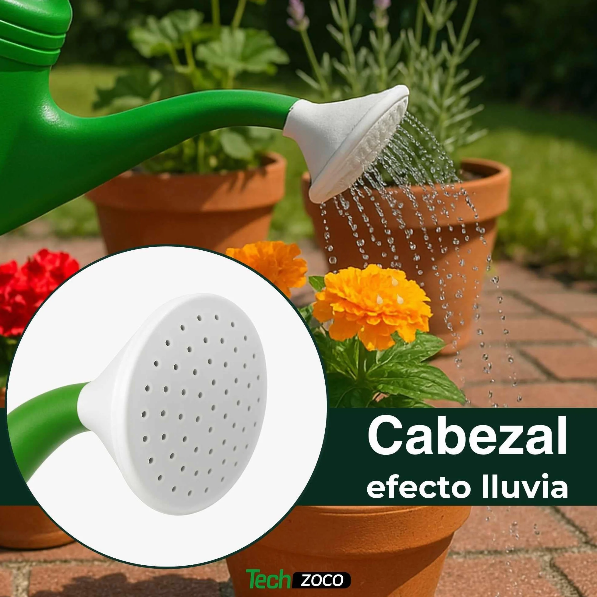 TECHZOCO Regadera de plástico, Regadera para Interior y Exterior, regadera de jardín, Diseño con Pico, Accesorio de riego, Asa de Transporte, Cabezal Efecto Lluvia, Verde, 6 litros
