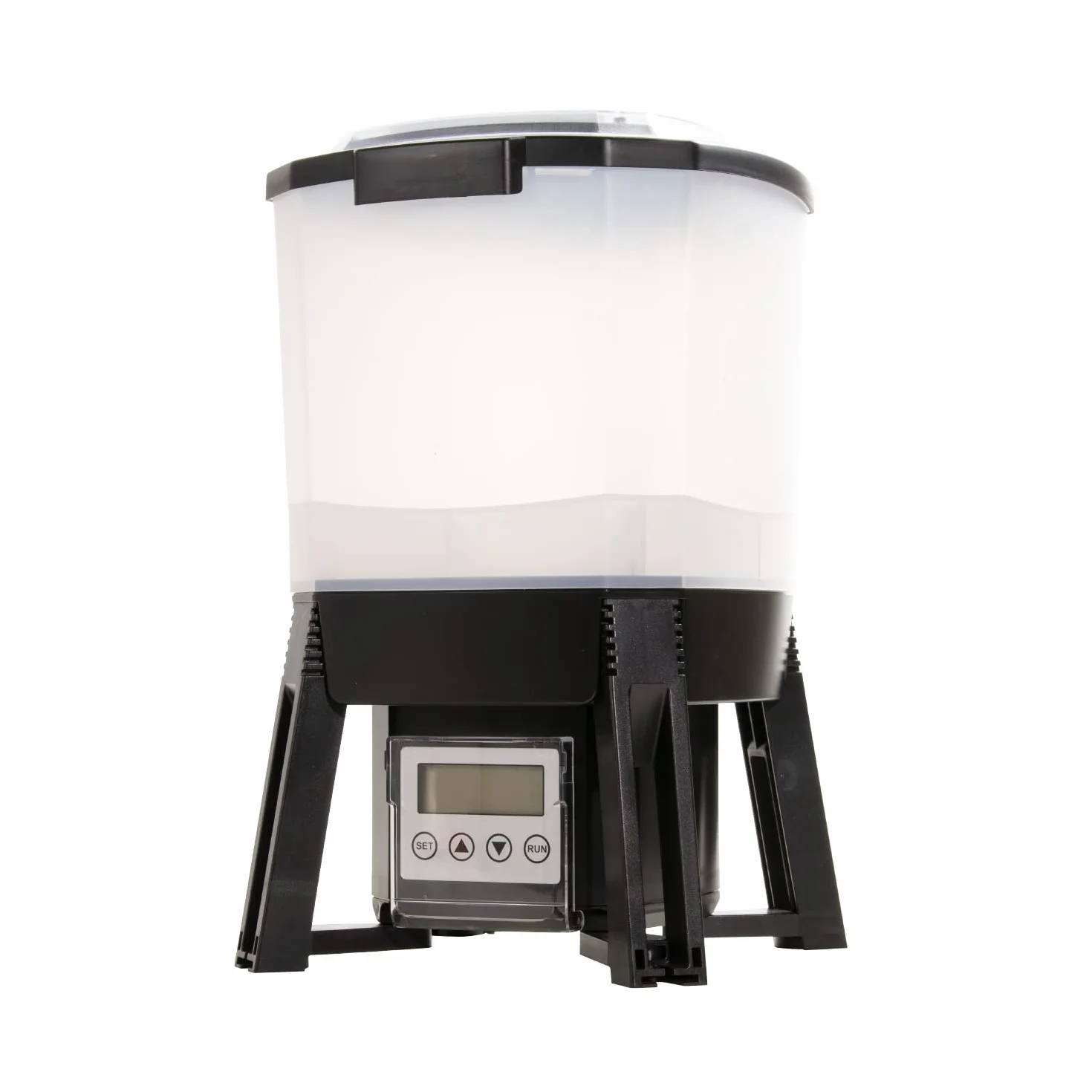 AquaForte Fishfeeder 6 litros solar, 1-6 alimentaciones/día, tamaño de pellet 3-10 mm, rango de eyección mas menos 1, 2 o 3 m, ángulo de distribución: 120 grados horizontal, incluido panel solar