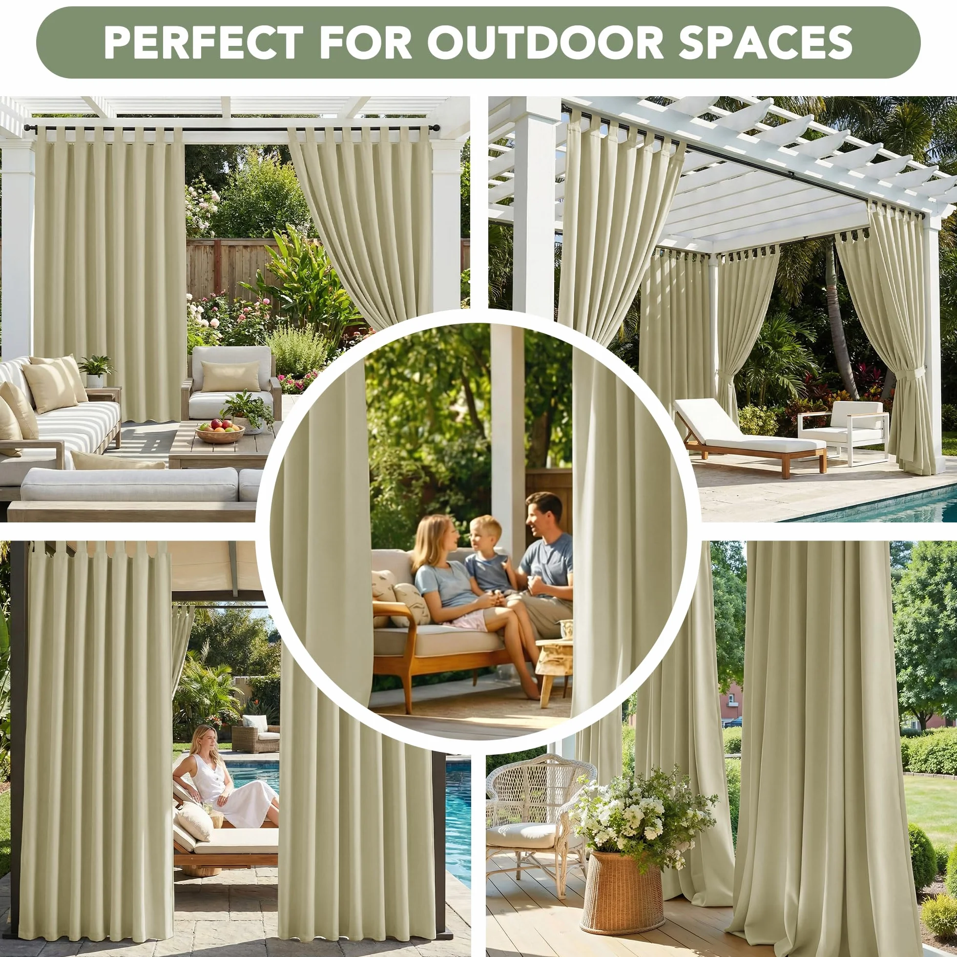 Deconovo Cortinas Exterior para Terraza Jardín o Balcón, Opacas y Repelentes al Agua con Trabillas, Protección Solar y Aislamiento Térmico, Set de 2 Paneles 132x270 cm Beige Oscuro