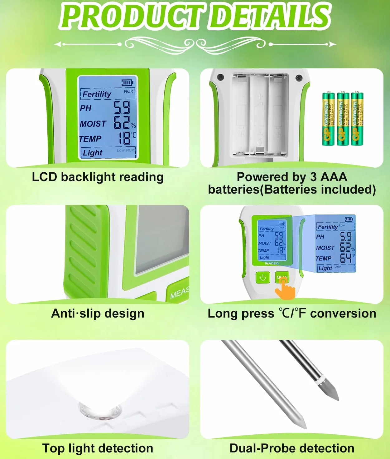 WADEO Medidor de suelo 5 en 1 para temperatura/fertilidad/humedad del suelo/pH/luz solar, pantalla LCD con retroiluminación, medidor digital de suelo para jardinería y agricultura