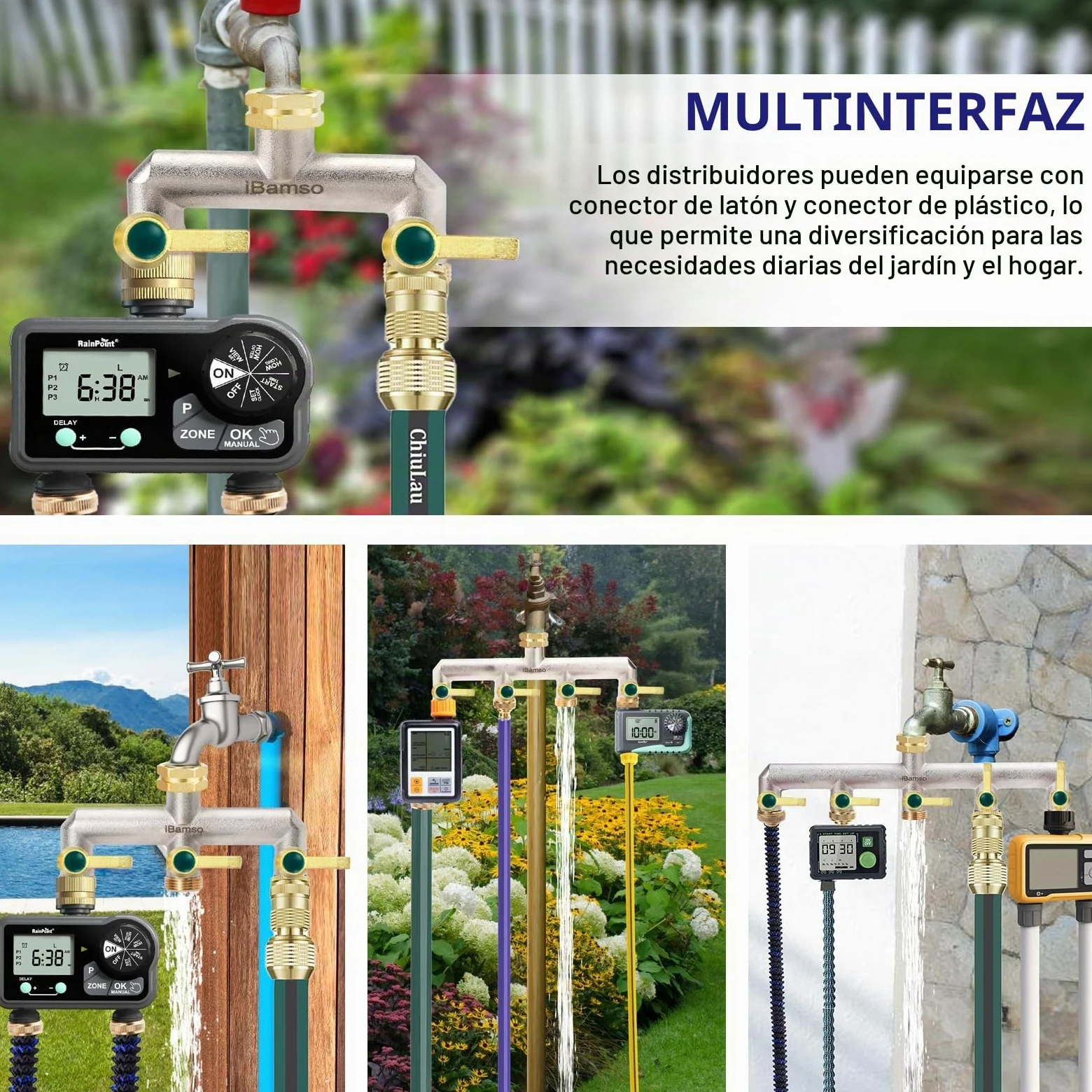 Divisor de manguera de jardín, divisor de grifo de 4 vías, adaptador de manguera divisor de grifo de latón resistente de 3/4 pulgadas, conector de grifo de mango de metal extendido con válvulas