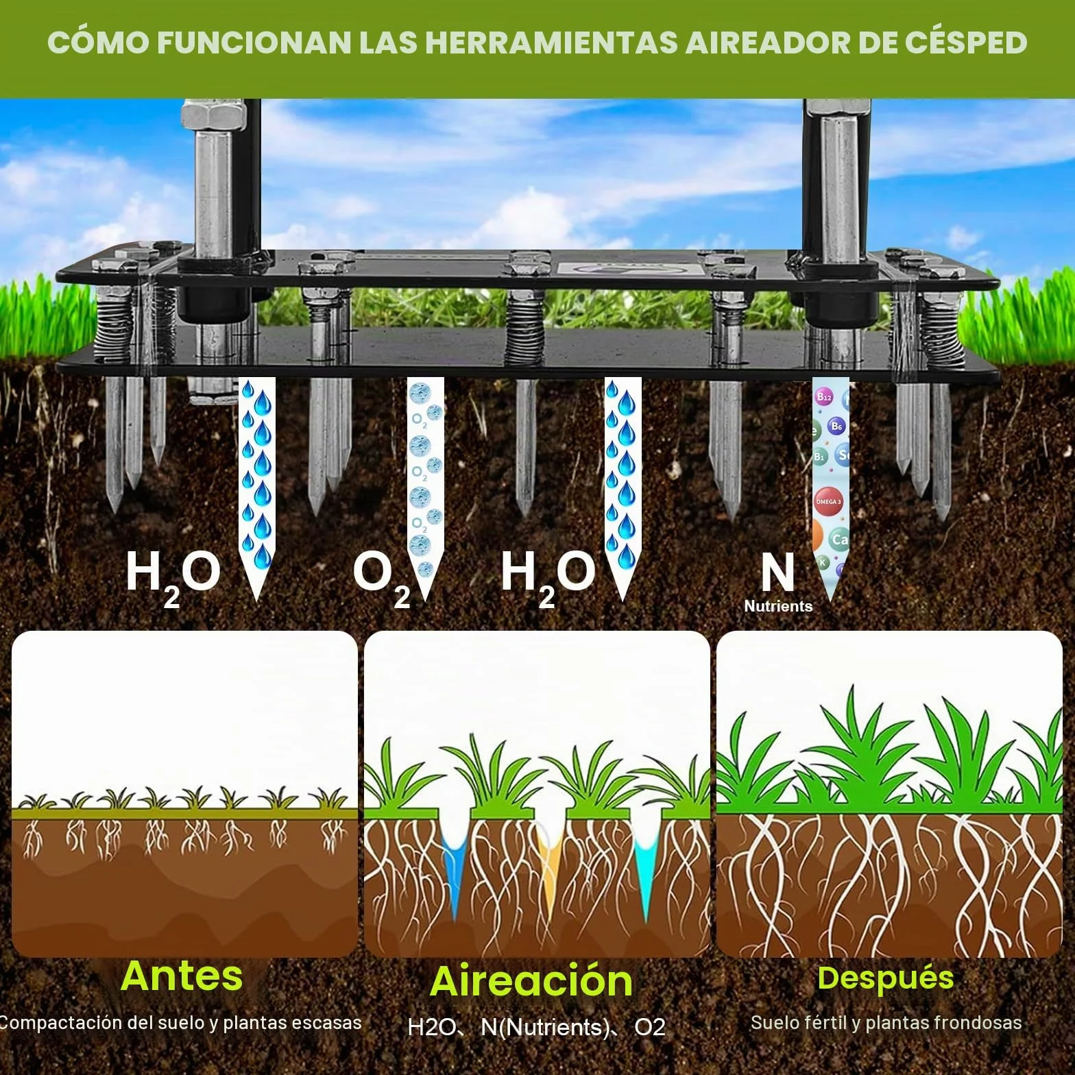 Aireador Cesped, Aireador de césped con 15 Púas de Hierro, Limpieza automática de Hojas y Suciedad, Escarificador Cesped Manual Ajustable en Altura para Cuidado del césped Patio Jardín