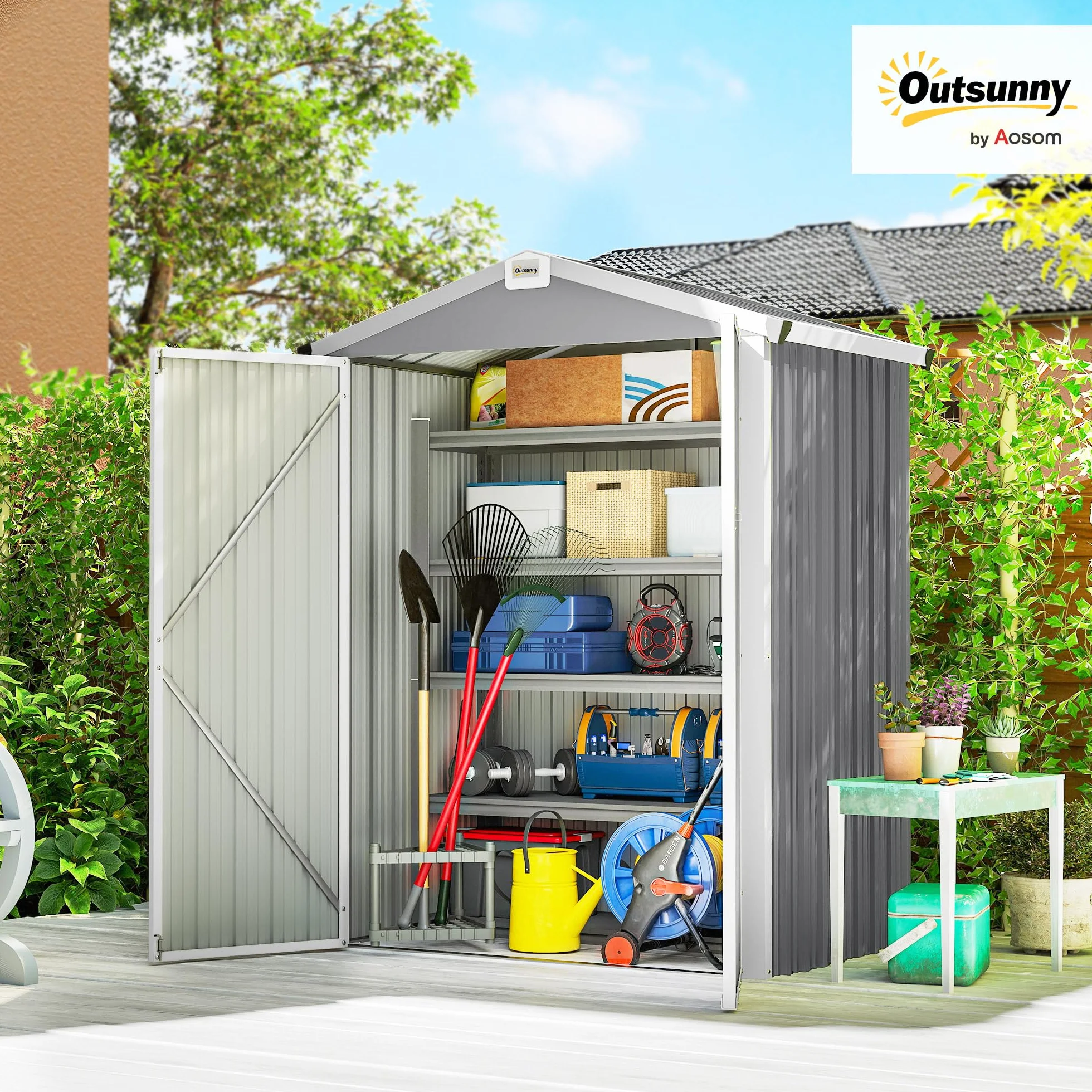 Outsunny Caseta de Jardín Exterior 1,1 m², 133x87x178 cm, Cobertizo Metálico con Puertas Abatibles Dobles, Techo a Dos Aguas y Guantes, Almacenaje de Herramientas y Bicicletas, Gris