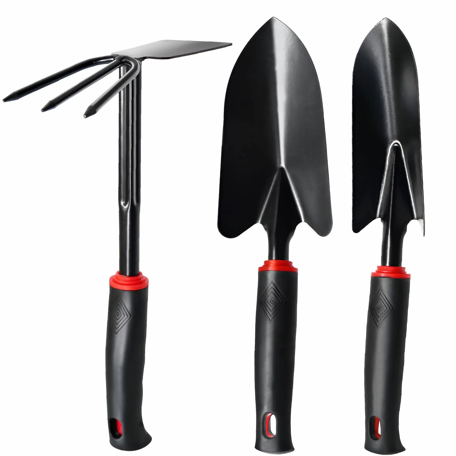 Herramientas de jardinería de 3 Piezas con Mango Antideslizante – Kit Profesional de Acero Inoxidable para plantación, excavación y azada (Pala, trasplantador, azada Doble)