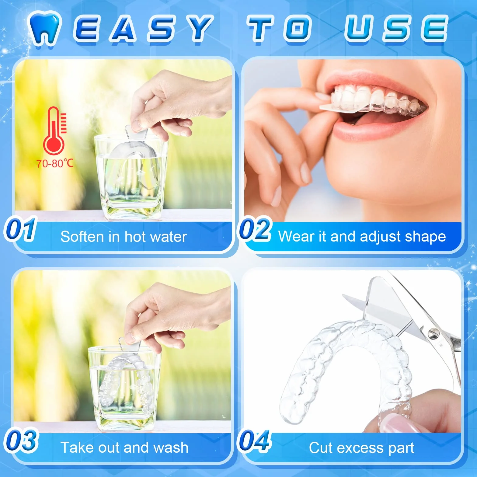 Kit de Protección Dental 4Pcs, Férula Descarga Bruxismo, Protector Bucal Para Dormir, Material Termoplástico