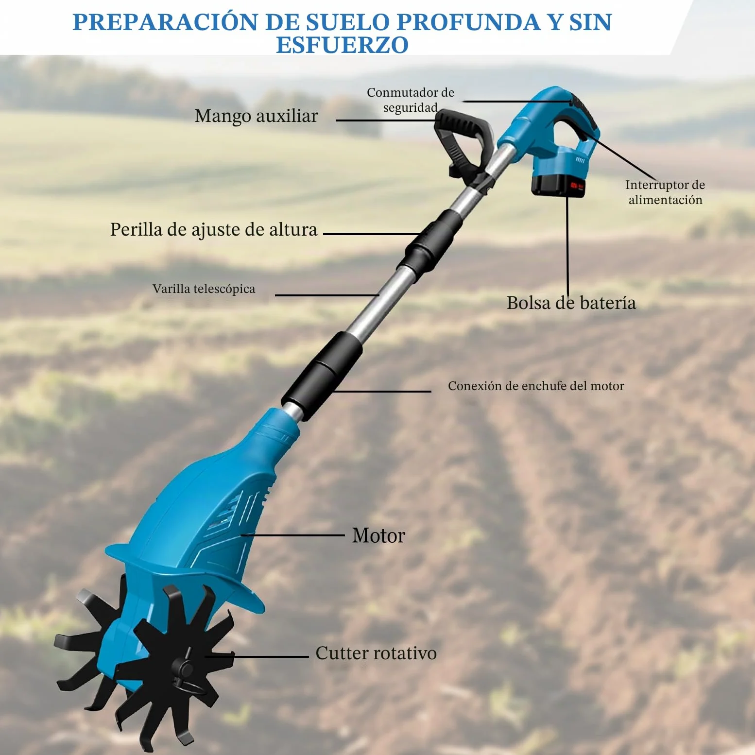 Cultivador a batería para baterías Makita de 18 V, motocultivador eléctrico de 300 W para la labranza y la jardinería, con 10 cm de Ancho de Trabajo y 15 cm de Profundidad de Trabajo, 360 RPM