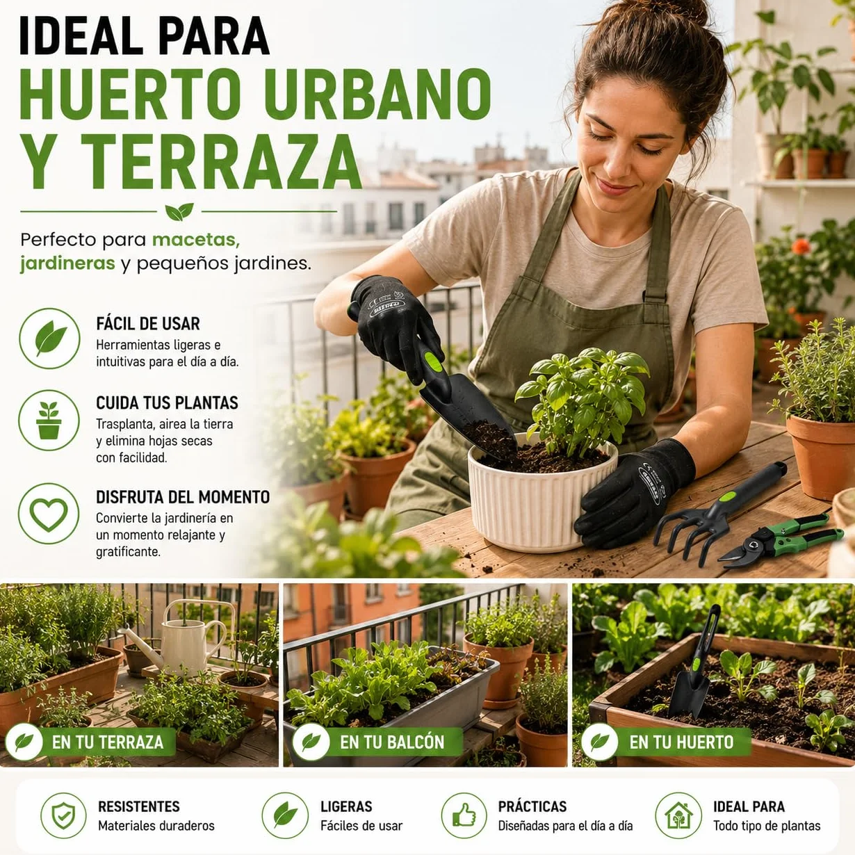 Kit 5 Herramientas de jardinería Resistente de Fibra de Vidrio Ideal para jardín, huerto Urbano o terraza | Kit jardineria Completo Que Incluye: Pala, Rastrillo, Azada, Tijeras de Podar y Guantes.