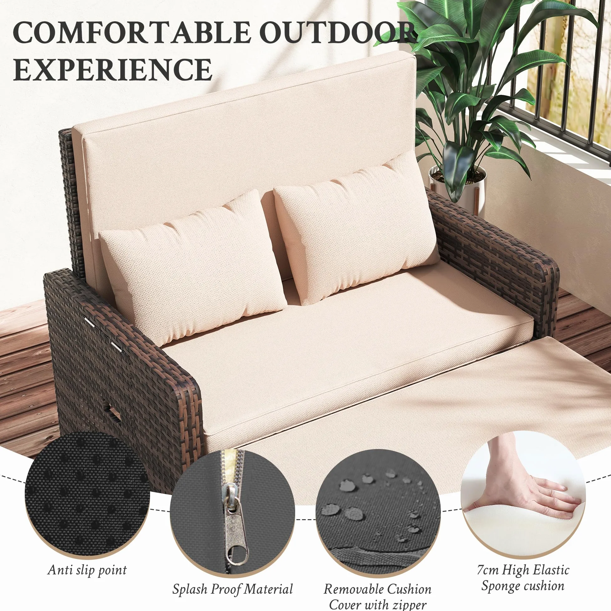 UDPATIO Sofá de Ratán 2 Plazas con Reposapiés con Almacenamiento, Muebles de Salón de Ratán para Exteriores con Respaldo Regulable y Cojines Gruesos, para Terraza y Jardín - Beige