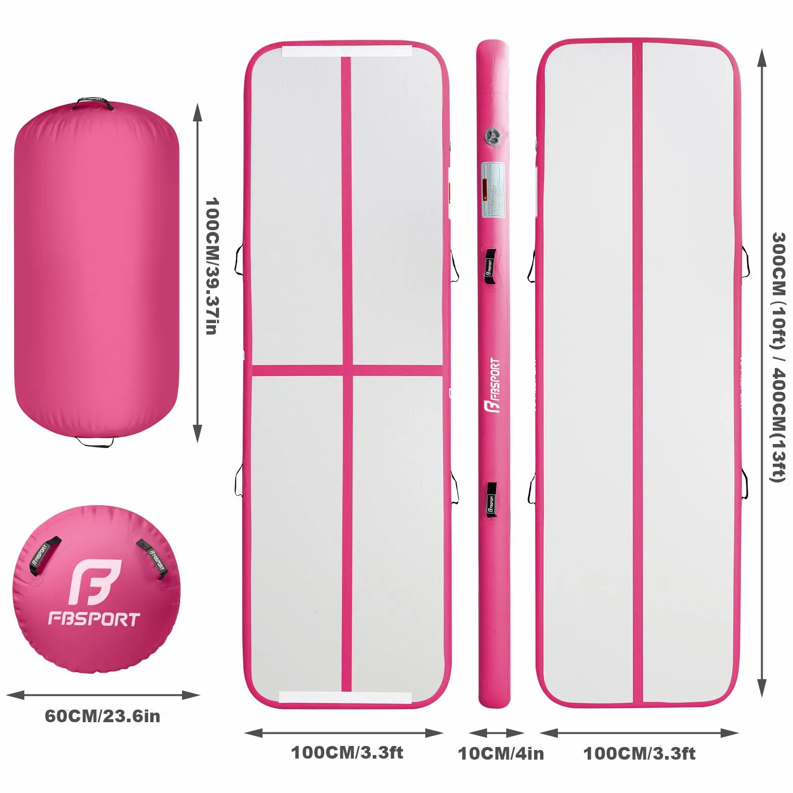 FBSPORT Colchoneta hinchable 4 m Air Roller 60 cm bomba aire 10 cm alto esterilla entrenamiento gimnasia yoga