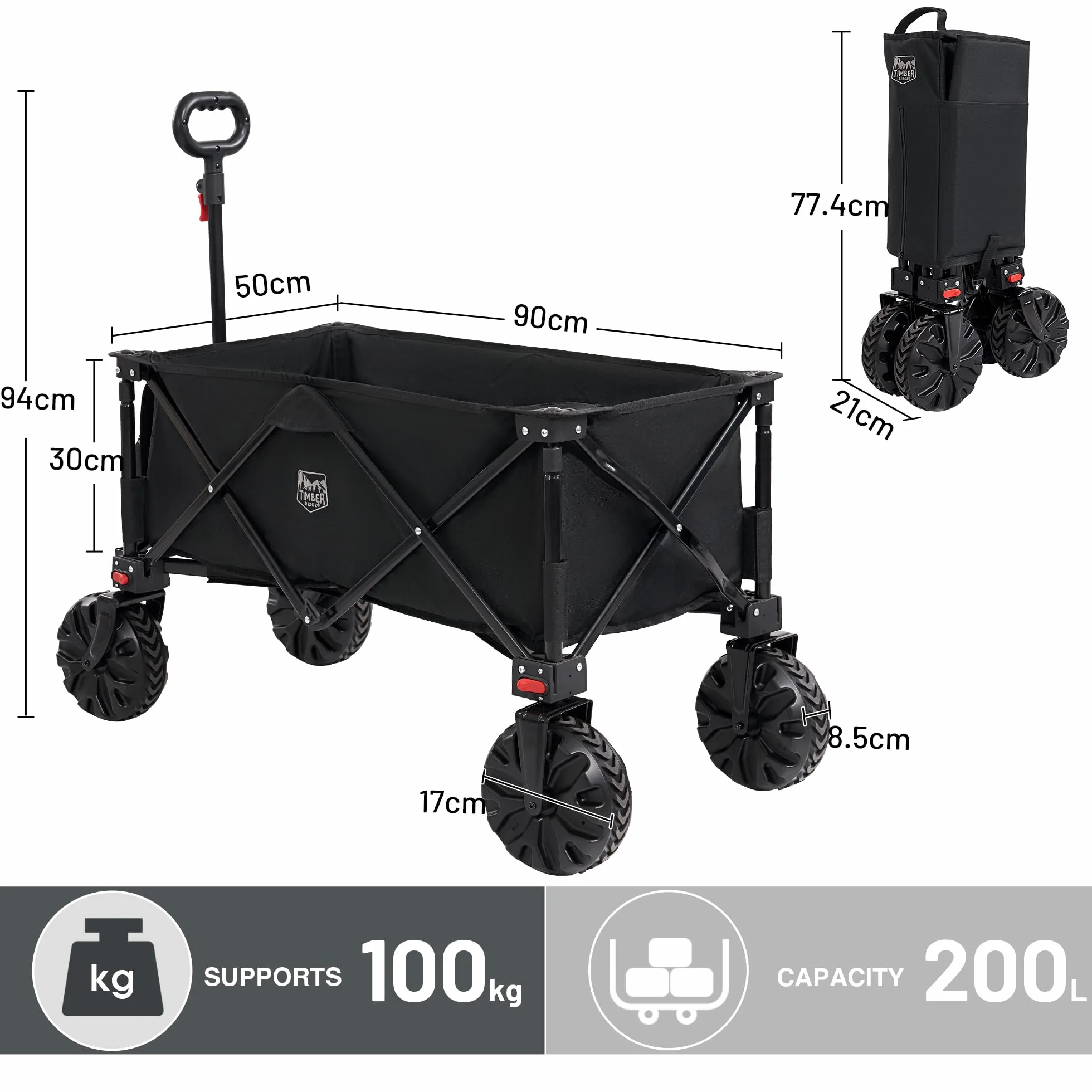TIMBER RIDGE Carro Playa Ruedas Grandes con Freno Carrito Plegable Transporte para Jardín Playa Campaña Compra al Aire Libre Carreta con Bolsa de Cubierta Ruedas Amovibles Mango Ajustable hasta 100kg