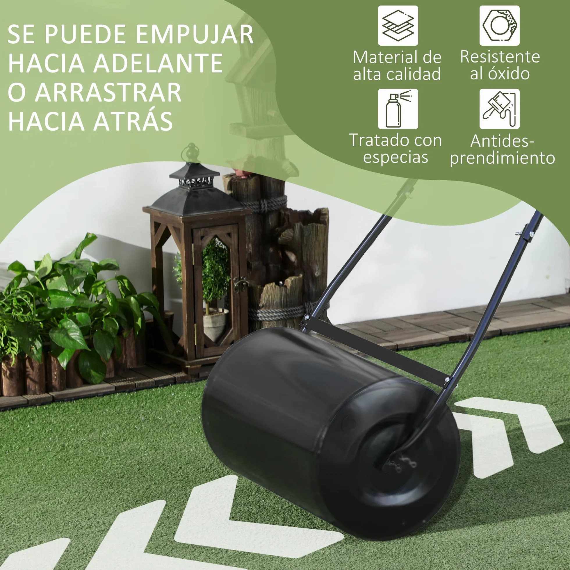 DURHAND Rodillo de Césped de Jardín Apisonadora de Césped de Acero 38L Llena de Agua o Arena Medida de Rodillo Φ50x32cm Asa Desmontable