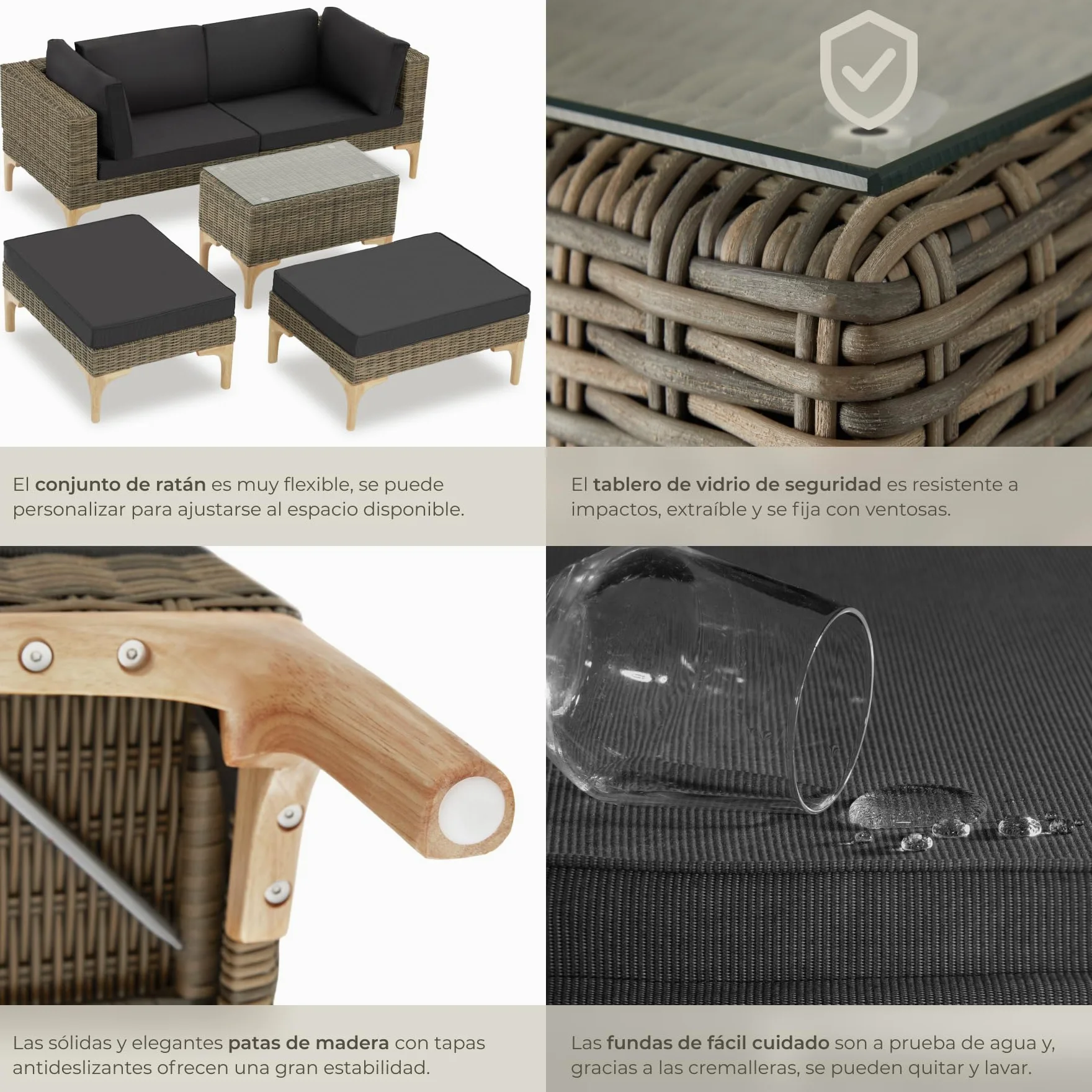 TecTake® Conjunto Jardín en Ratán y Aluminio con Cojines, Conjunto Terraza Resistente a la Intemperie, Muebles Jardín Exterior 2 Sillones, 2 Taburetes, 1 Mesa con Cristal, Fundas Extraíbles - Natural