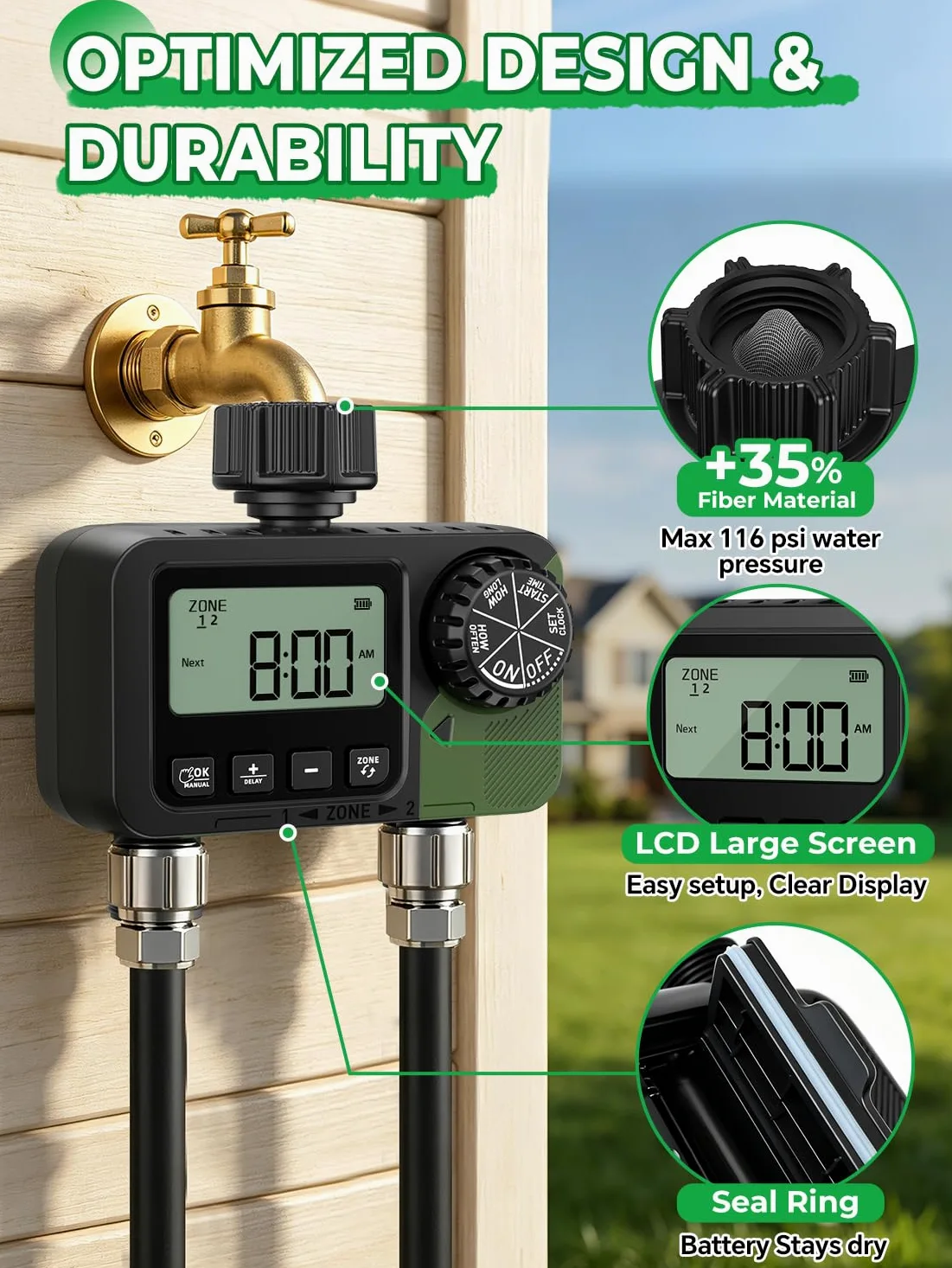 Temporizador de aspersor de 2 tomas, temporizador programable de manguera de agua con retardo de lluvia/sistema de riego manual/automático, riego automático digital al aire libre para jardín, patio