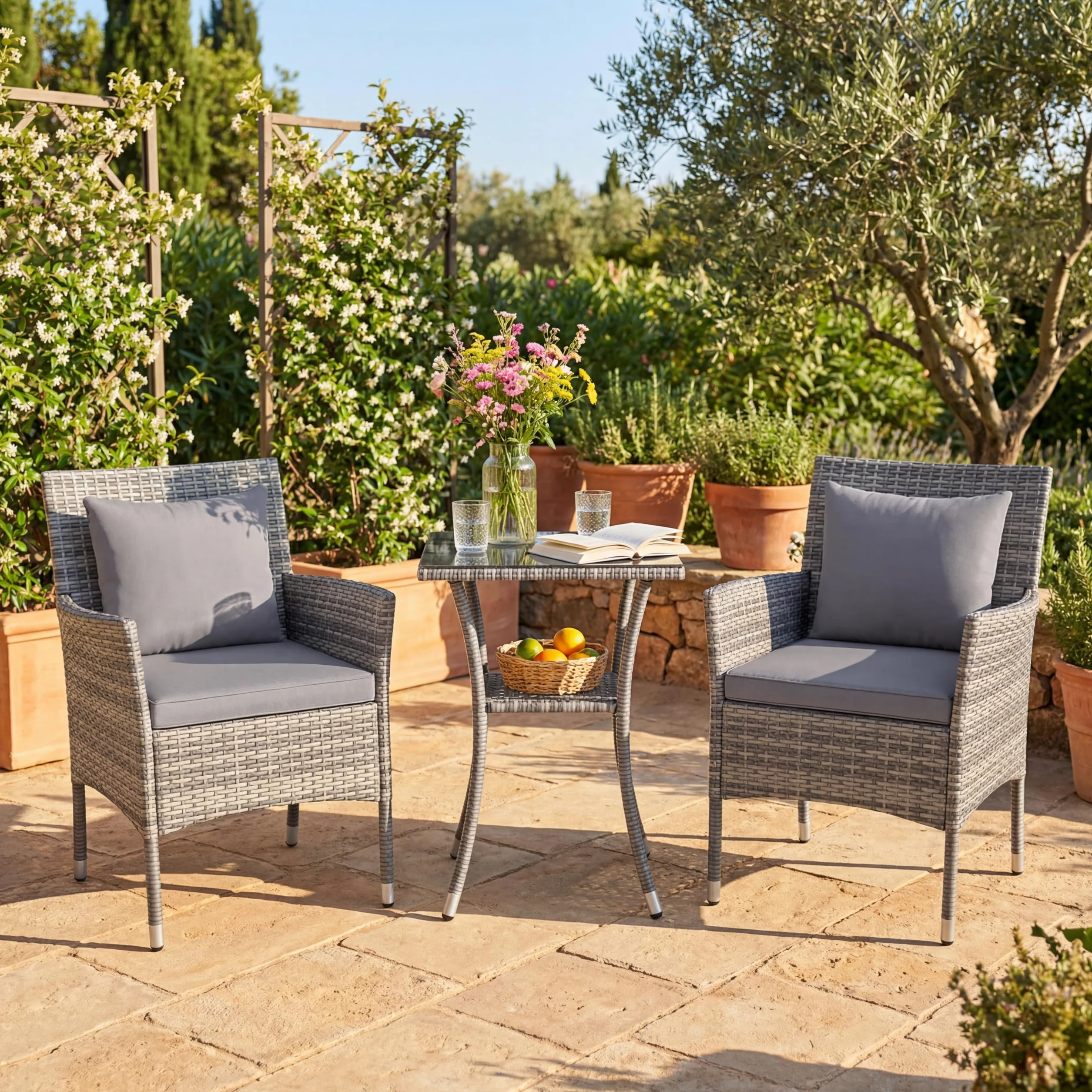 GIANTEX Juego de Muebles de Jardín 3 Piezas, 2 Sillones con Cojines y 1 Mesa con Tablero de Cristal, Conjunto de Muebles de Ratán para 2 Personas, Juego de Bistró para Balcón, Patio (Gris)
