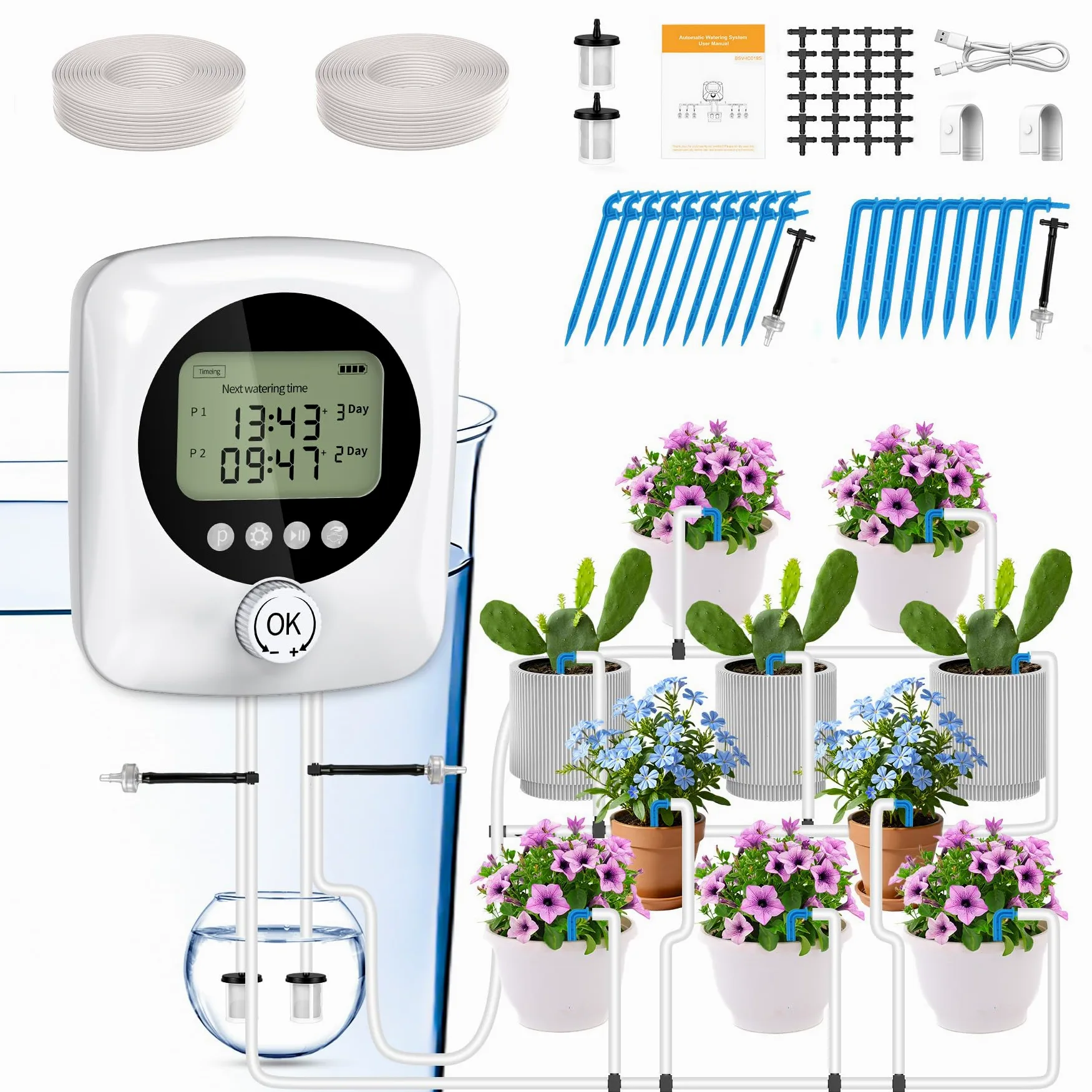 Riego por Goteo Automático Doble Bomba, Kit Riego por Goteo Recargable USB-C con Batería 4400mAh, Temporizador Ajustable Caudal 800ml/min, 20m Tubo+30 Goteros para Jardín Balcón