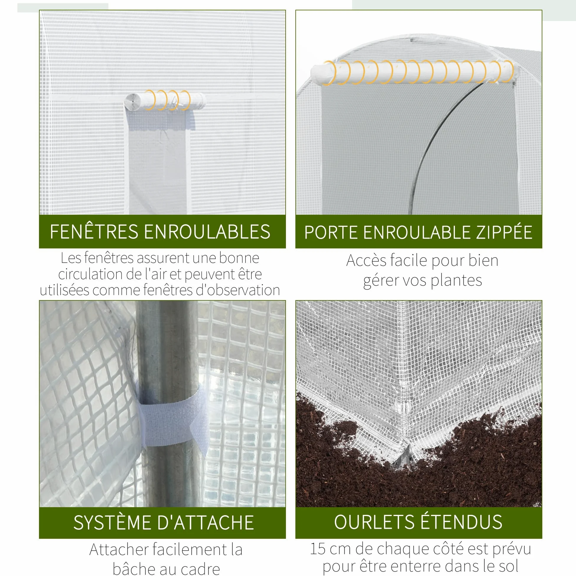 Outsunny - Invernadero de jardín (9 m², 4,45 x 2 x 2 m, Marco Tubular Reforzado 18 mm, 6 Ventanas), Color Blanco | Invernadero de jardín Túnel, todas las estaciones, verduras frutas, flores, lona PE de alta densidad 140 g/m²