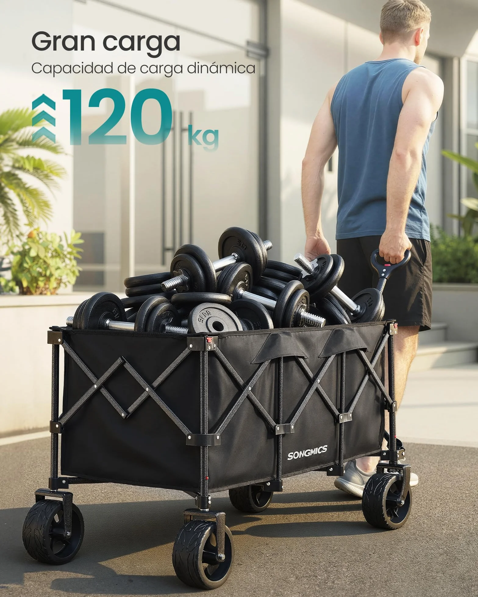 SONGMICS Carro de Mano Plegable con Asa, 4 Ruedas Desmontables, Carro de Jardín para Exterior, Playa, Camping, Carga de 150 kg, 200 L, Negro Tinta GFW200B01