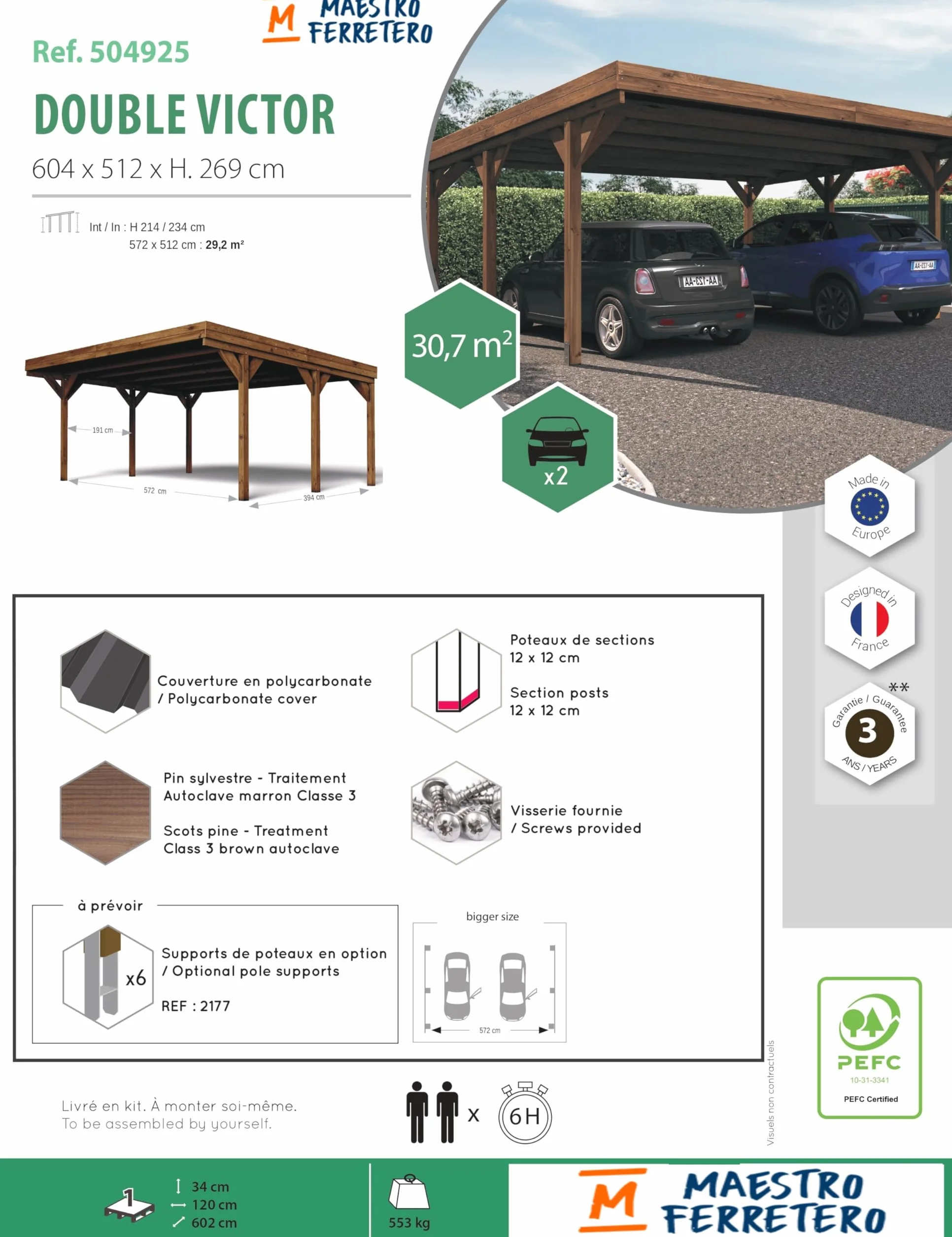 Forest Style - Cochera Doble Victor 30,9 m² (6,02 x 5,11 x 2,52 m) – Madera de Pino Tratada – Techo de Policarbonato – Aparcamiento Cubierto para 2 Coches – Estructura Robusta y Resistente