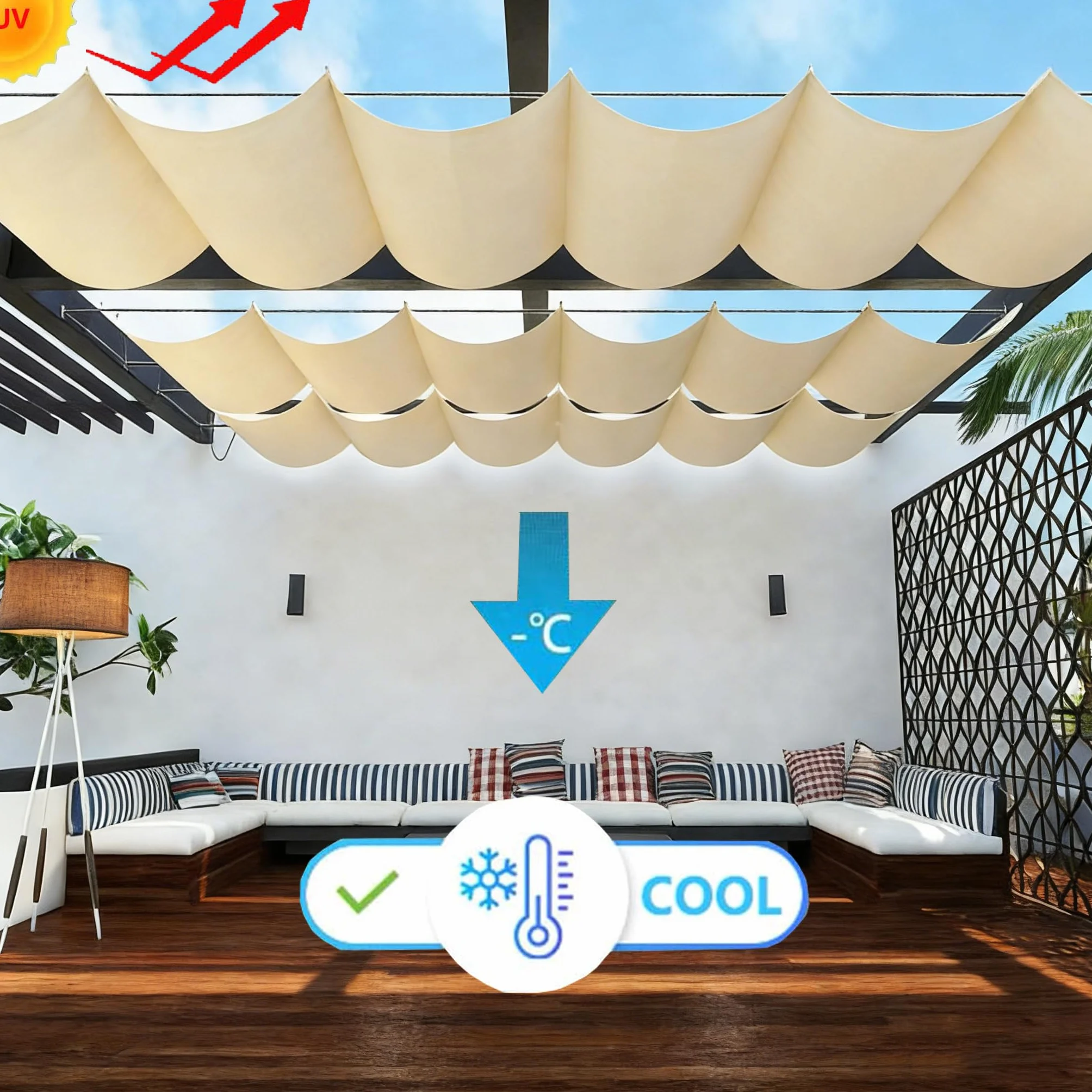 Toldo Vela de Sombra Retráctil Impermeable Ondulada Toldos Exterior Protección Rayos UV Resistente al Desgarro para Terraza Balcon Exteriores Jardín con Ojales y Cuerdas 1.5x3M Crema