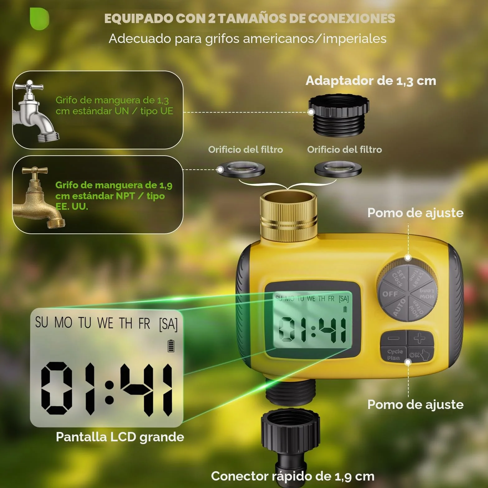 Pantalla LCD Programador de Riego Automático, Sistema de Riego Automático, con 3 Programas de Riego Independientes/Función de Retardo de Lluvia，Apto para Riego Césped/Patios